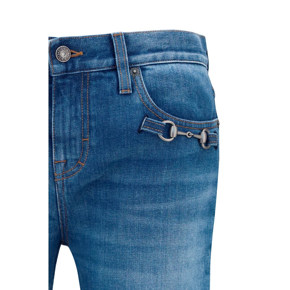 Gucci Medium Blue Washed Cotton Horsebit Flared Jeans