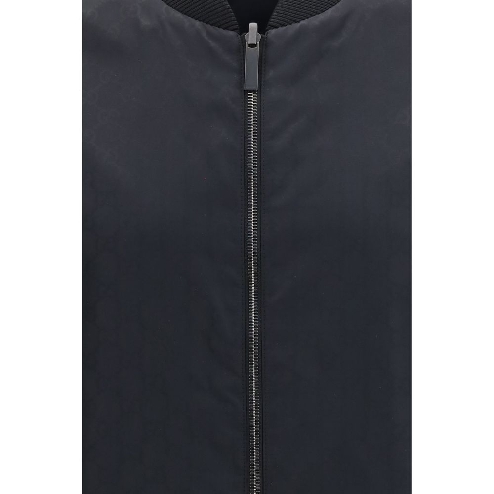 Gucci Black Reversible Zip Bomber Jacket in Silk Faille