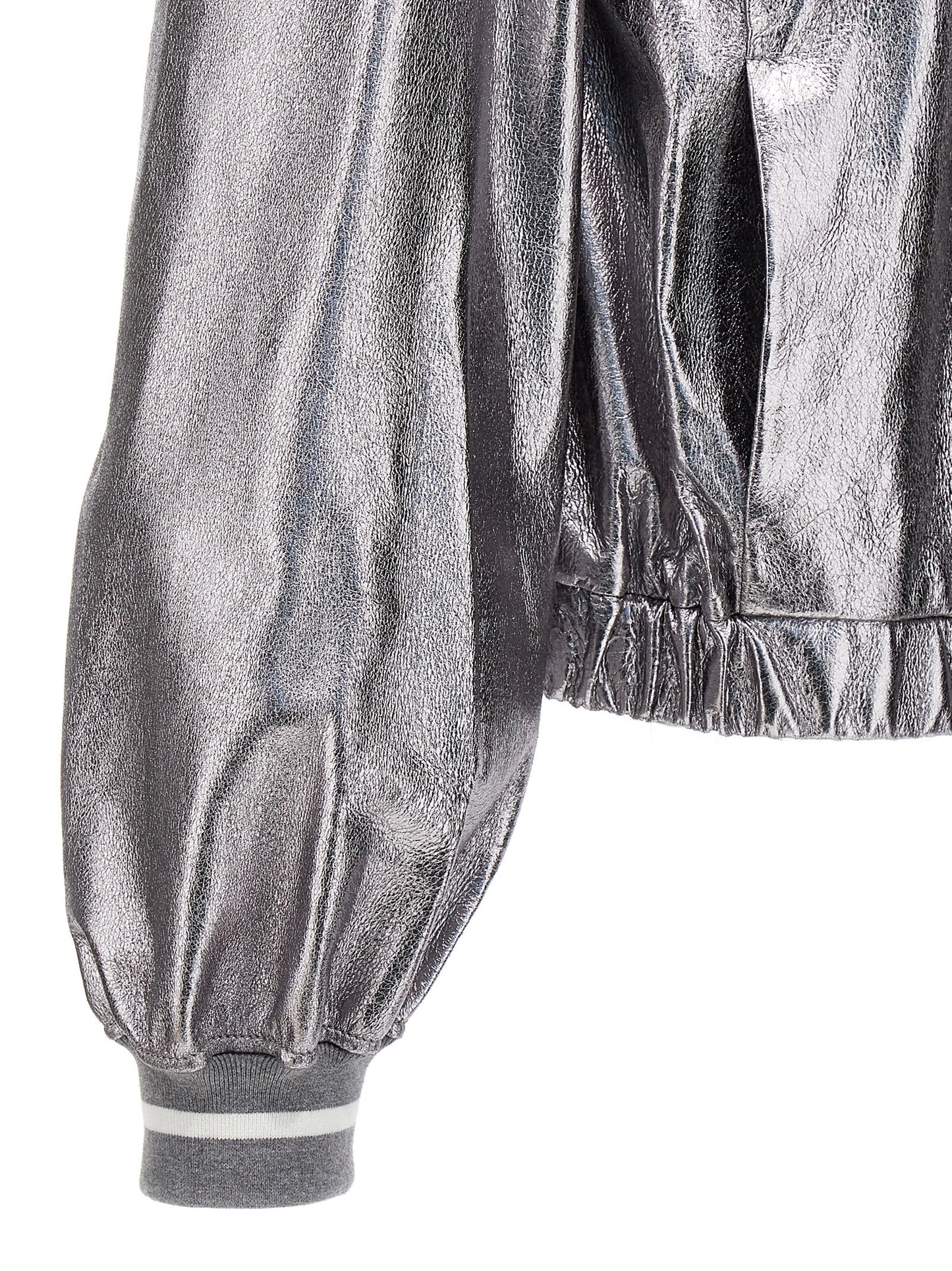 Brunello Cucinelli Silver Leather Bomber Jacket