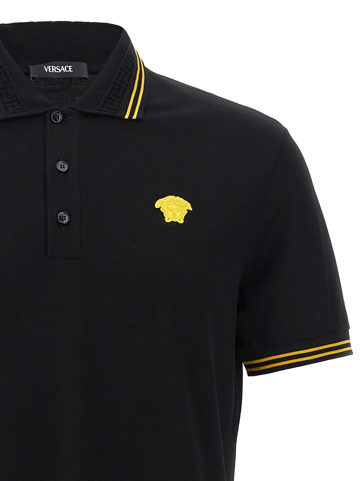 Versace Black Cotton Piqué Polo Shirt with Greek Jacquard Collar and Medusa Logo
