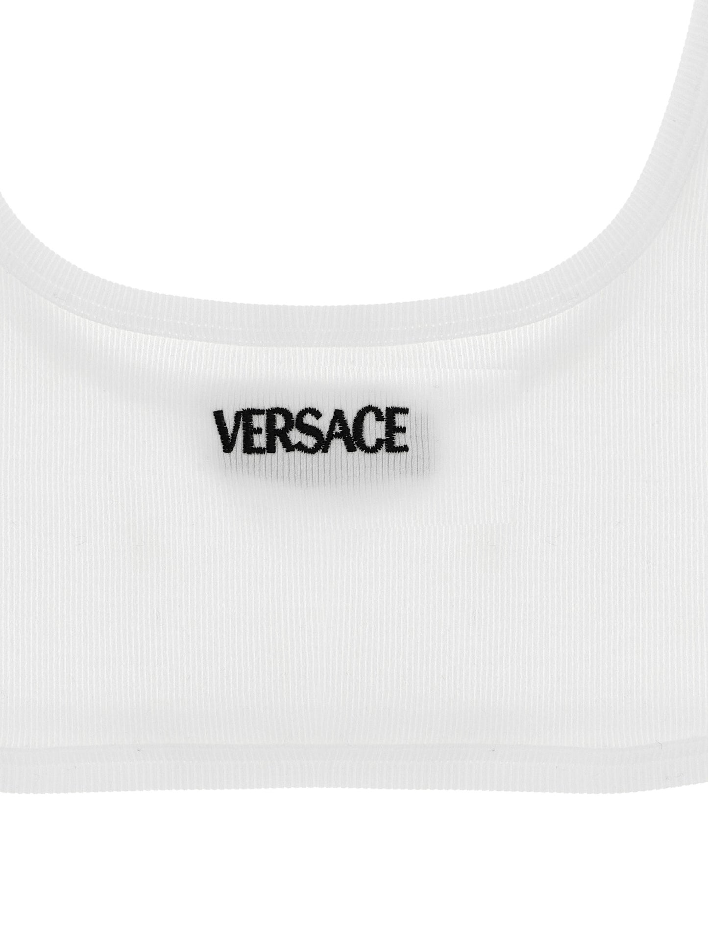 Versace White Ribbed Cotton Bra with Logo Embroidery