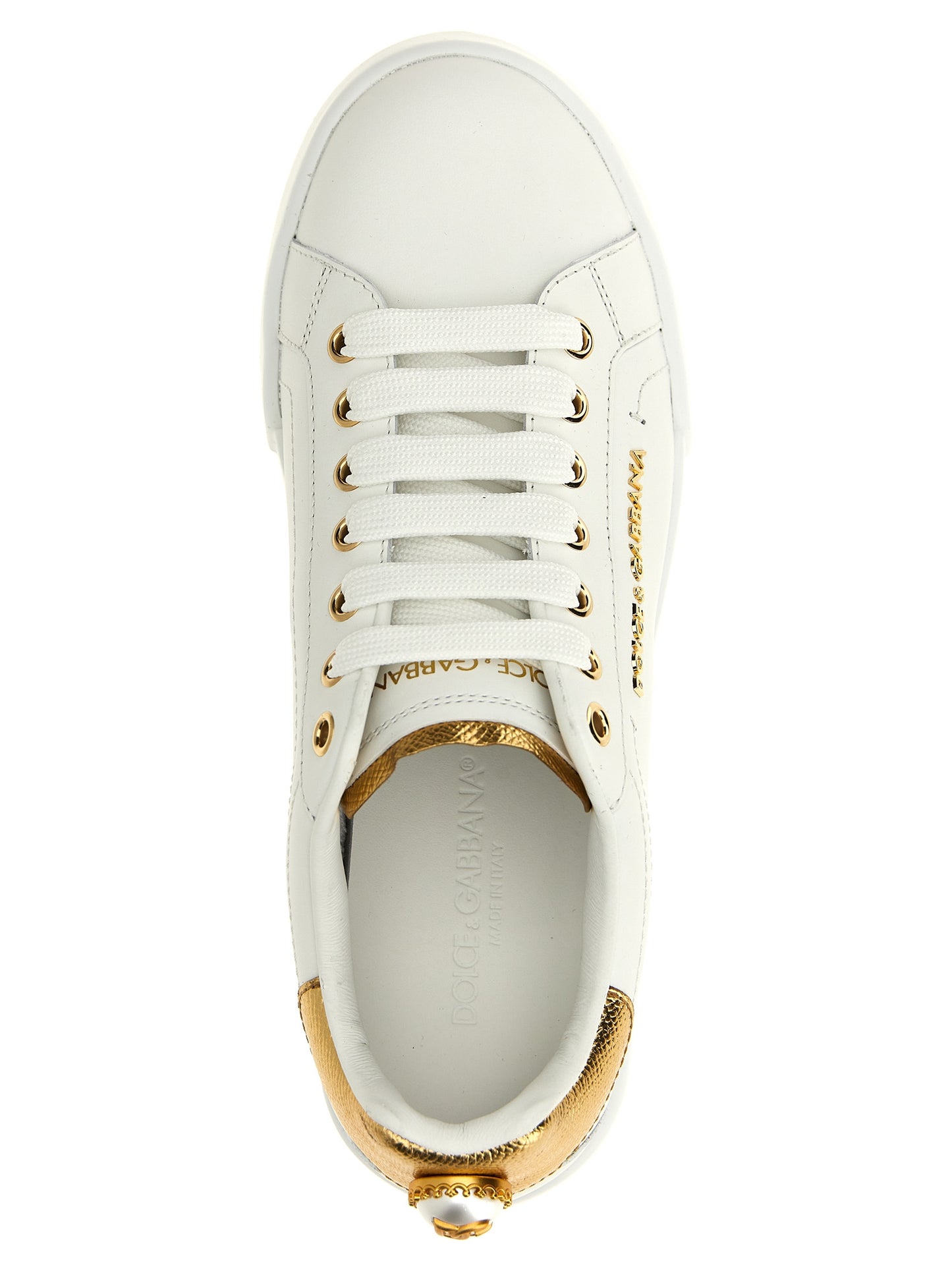 Dolce & Gabbana White & Gold Calfskin Low Top Portofino Sneakers