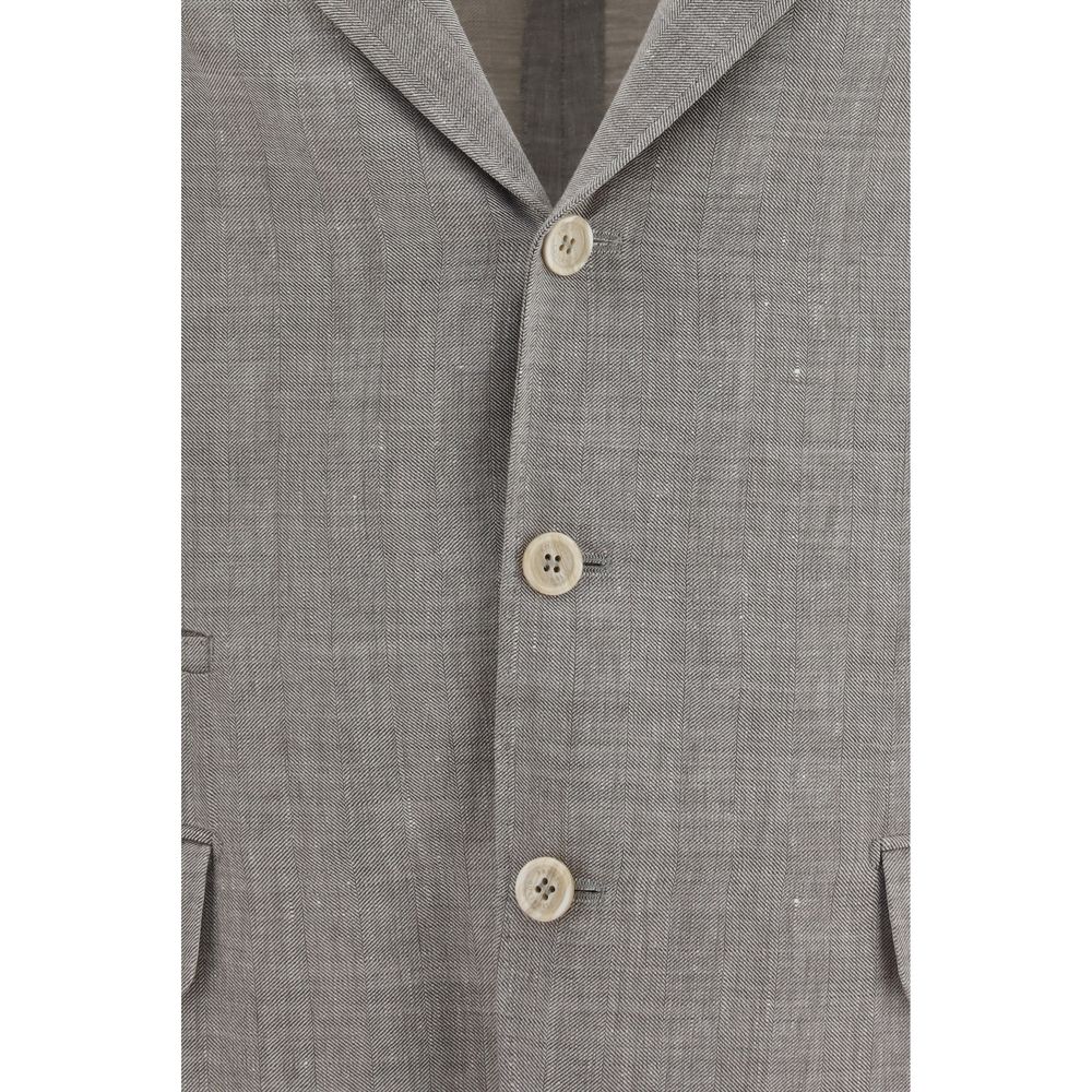 Brunello Cucinelli Beige Linen & Wool Chevron Blazer Jacket