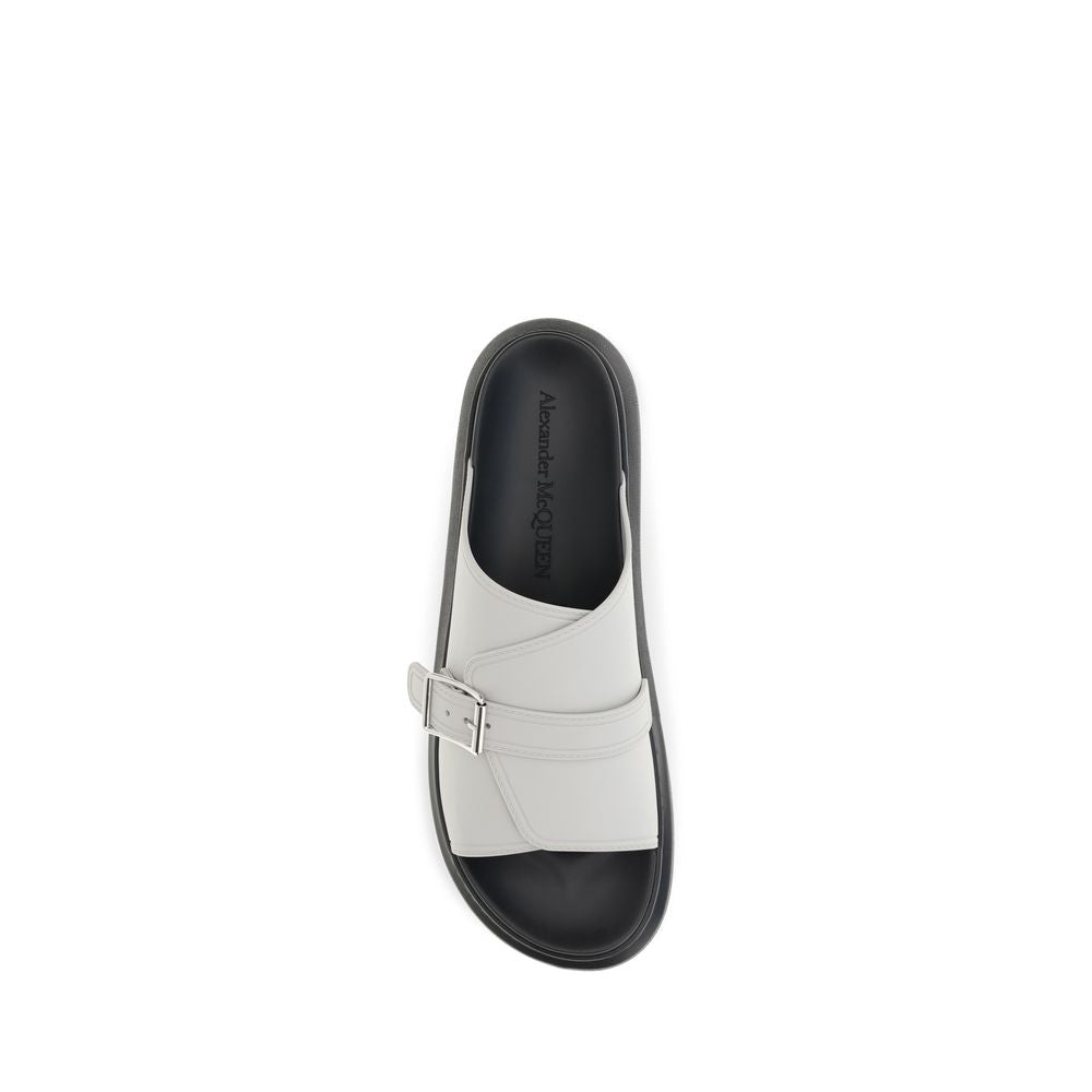 Alexander McQueen Ash Gray Leather Slide Hybrid Buckle Sandals