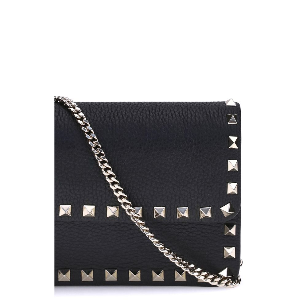 Valentino Garavani Black Calf Leather Rockstud Chain Wallet