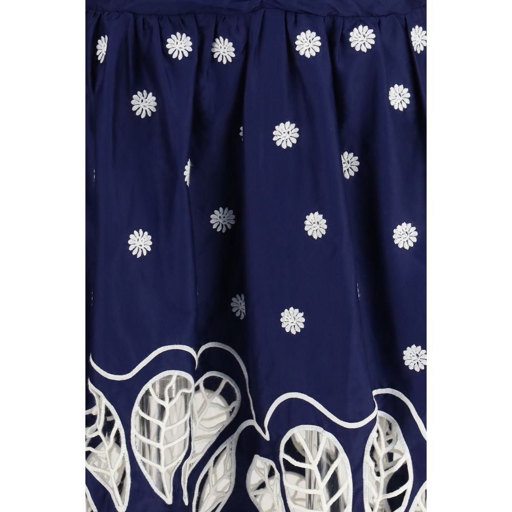 FARM RIO Blue Cotton Casual Dress - Richelieu Embroidered Midi Dress - XS