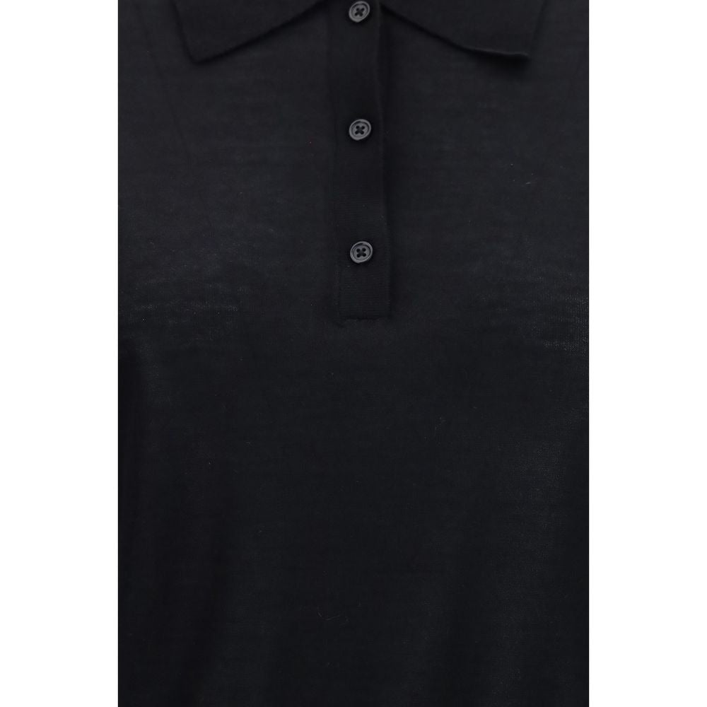 Loulou De Saison Black Cashmere Polo Shirt - Oversize Fit, Long Sleeve