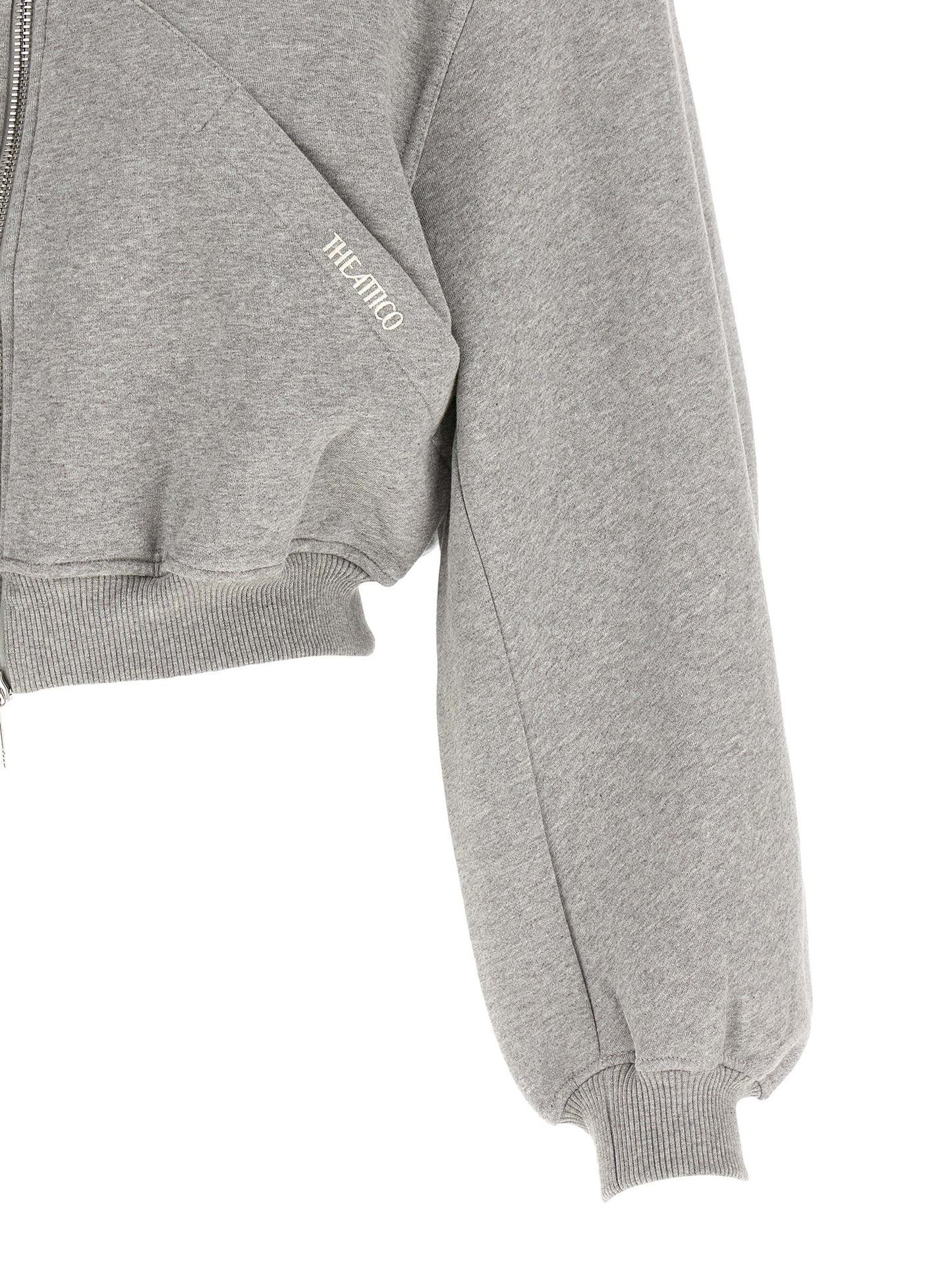 The Attico Gray Cotton Cropped Hooded Sweatshirt with Balloon Sleeves
