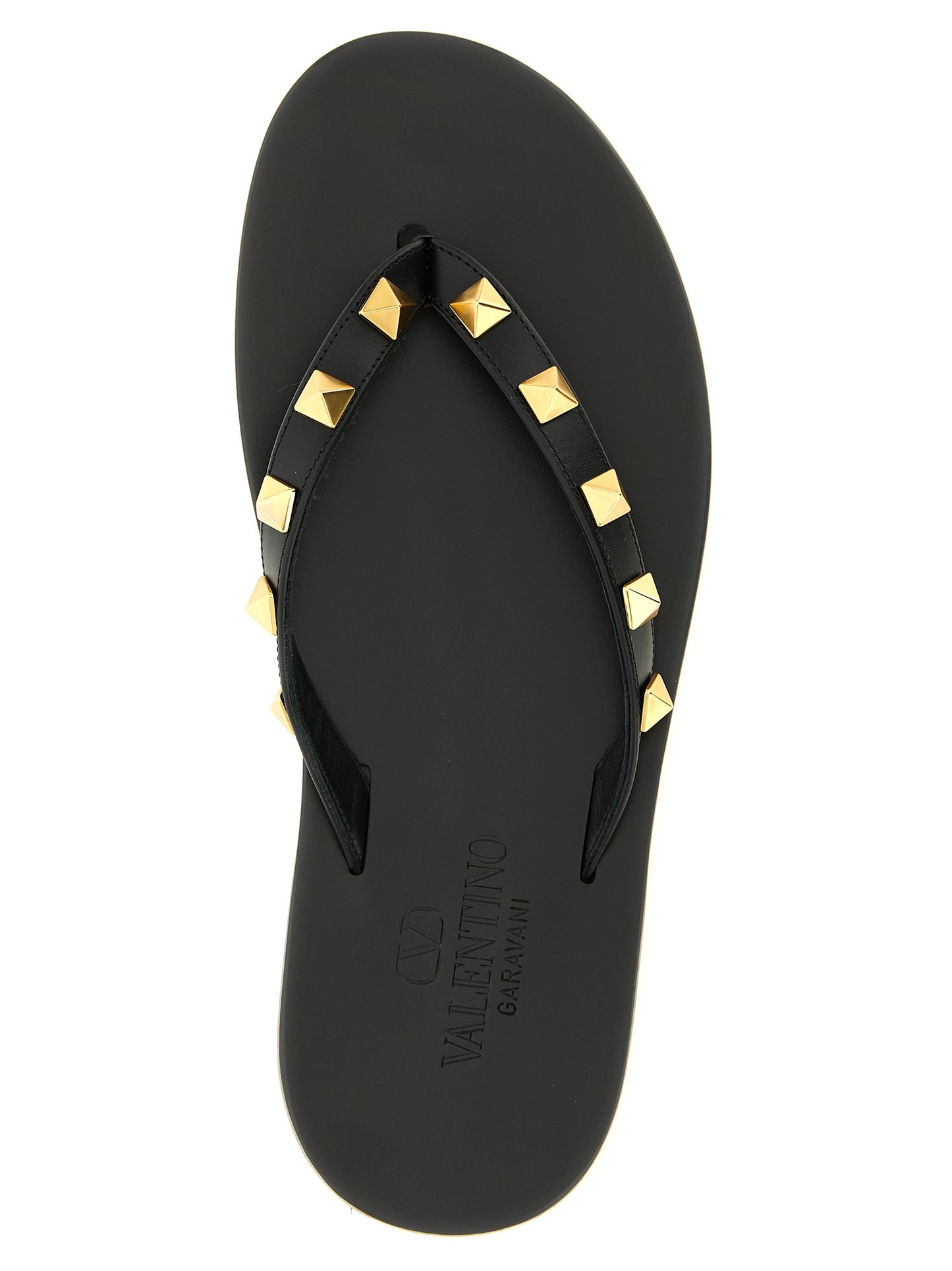 Valentino Garavani Black Calfskin Rockstud Thong Slide Sandals