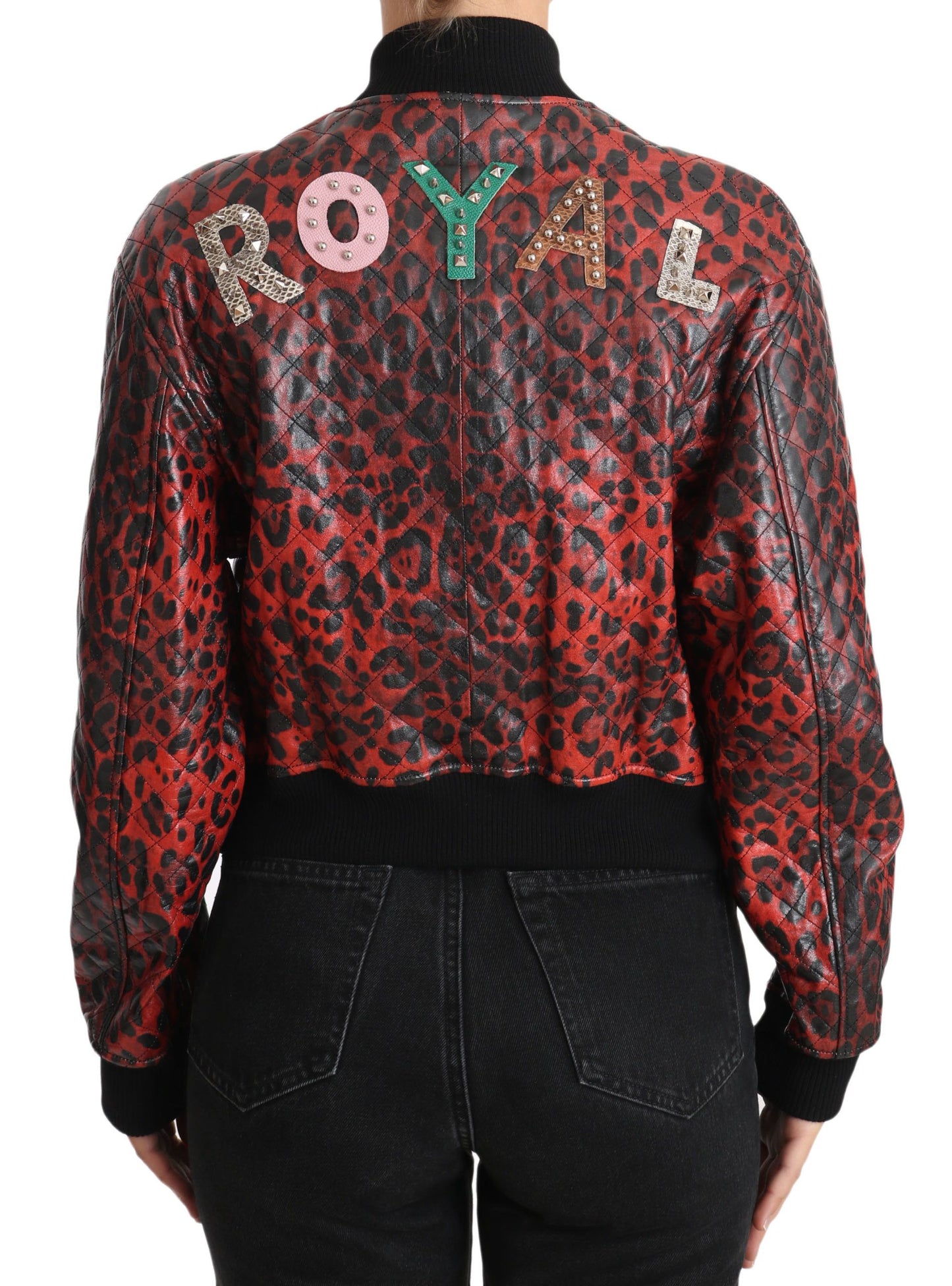 - Red Leopard Bomber Leather Jacket with Crystal Buttons
