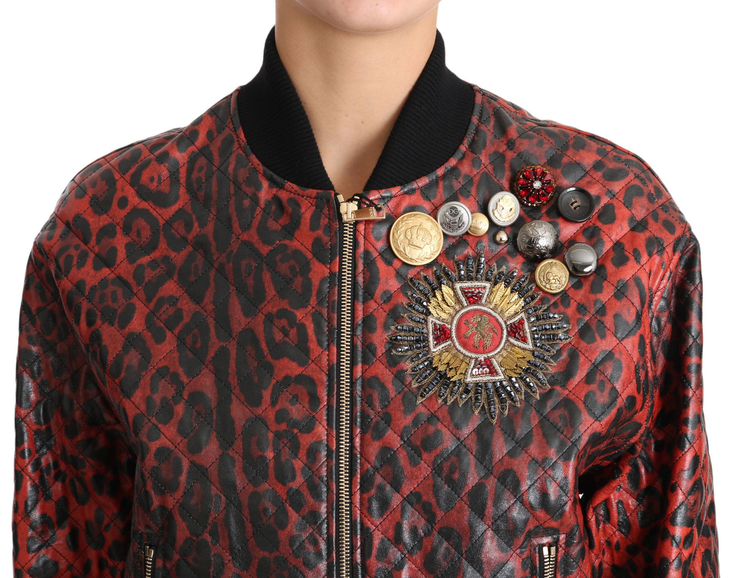 - Red Leopard Bomber Leather Jacket with Crystal Buttons