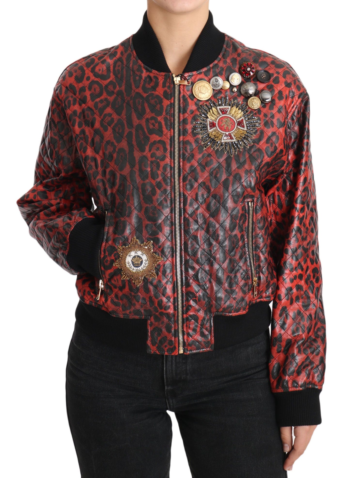 - Red Leopard Bomber Leather Jacket with Crystal Buttons