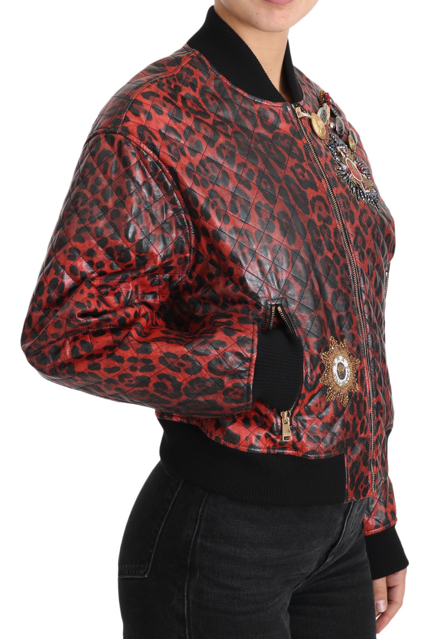 - Red Leopard Bomber Leather Jacket with Crystal Buttons