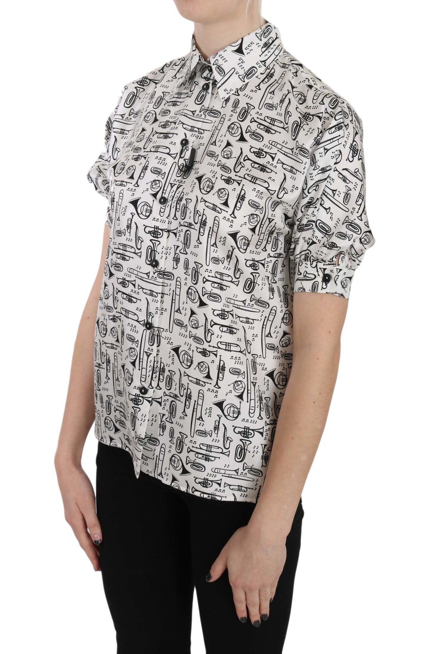 - Elegant Trumpet Print Silk Blouse