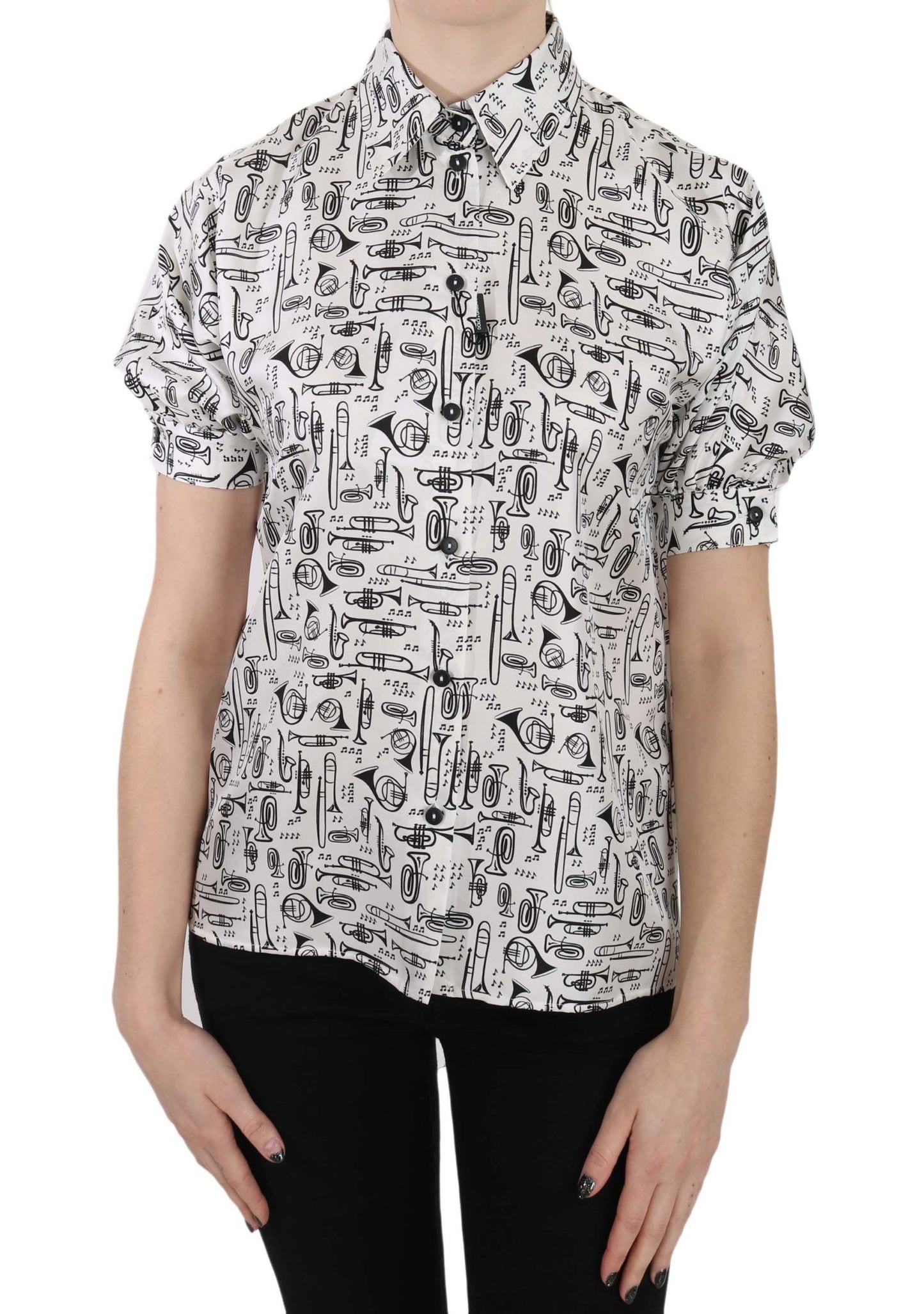 - Elegant Trumpet Print Silk Blouse