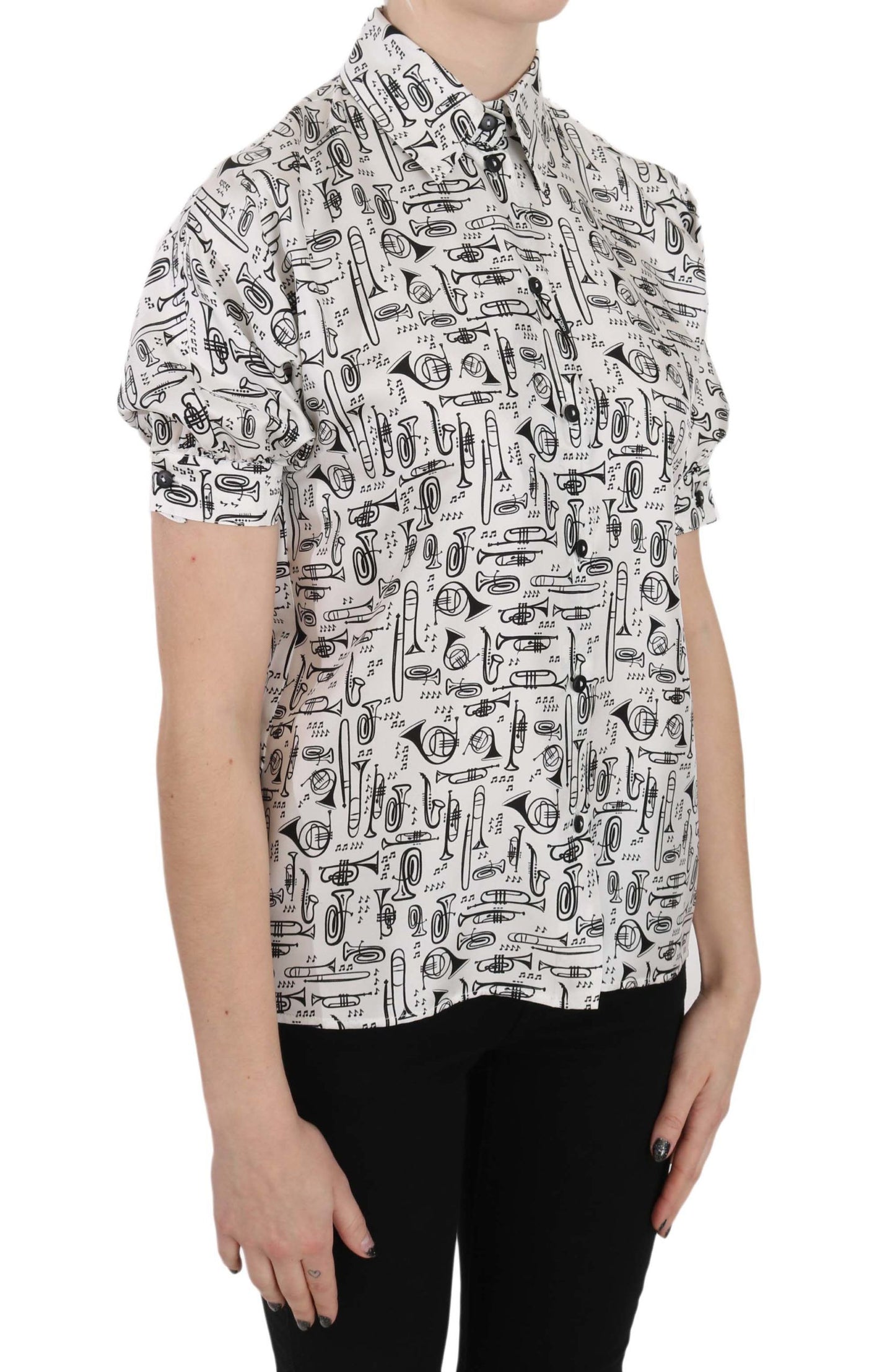 - Elegant Trumpet Print Silk Blouse