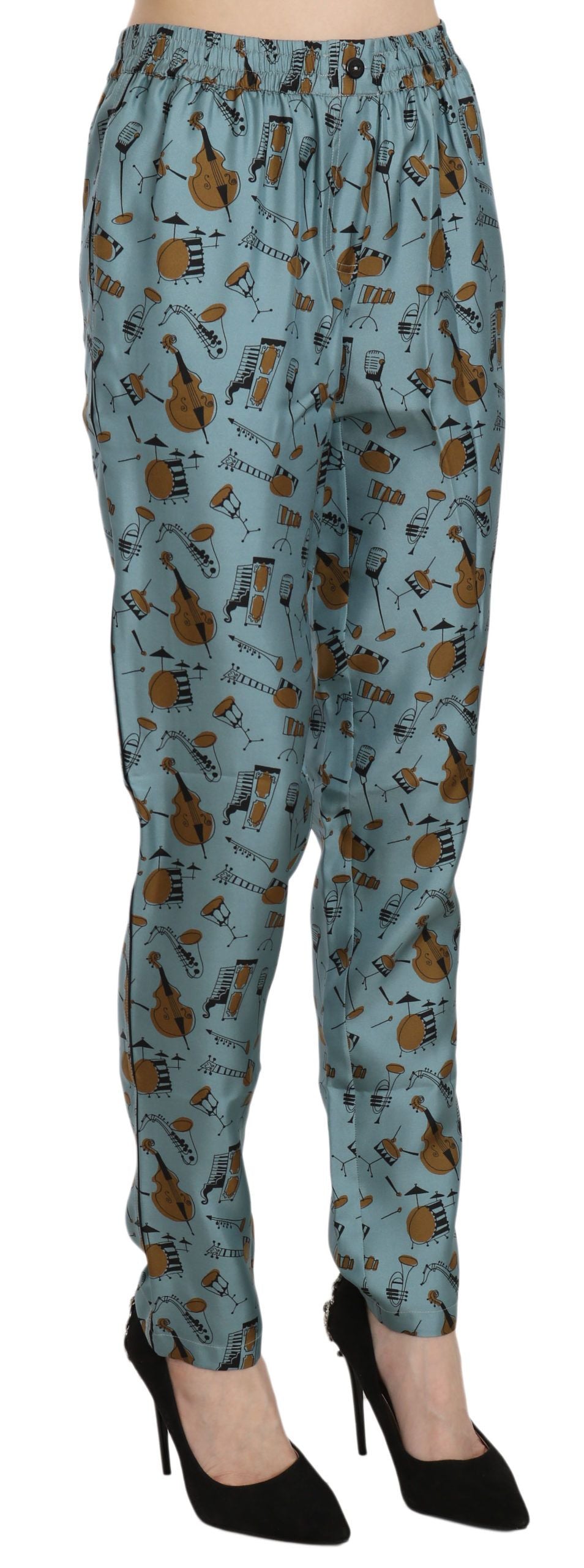 - High Waist Tapered Silk Pants in Blue Print