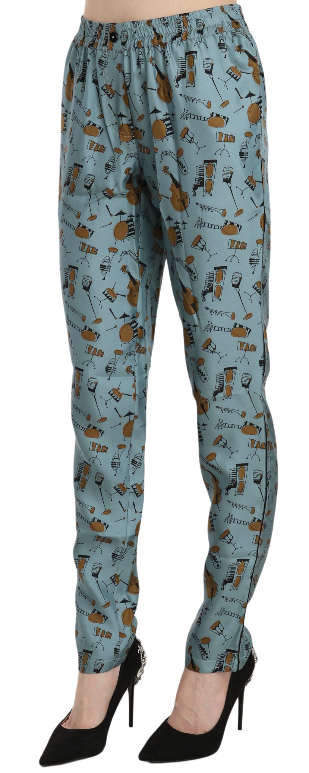 - High Waist Tapered Silk Pants in Blue Print
