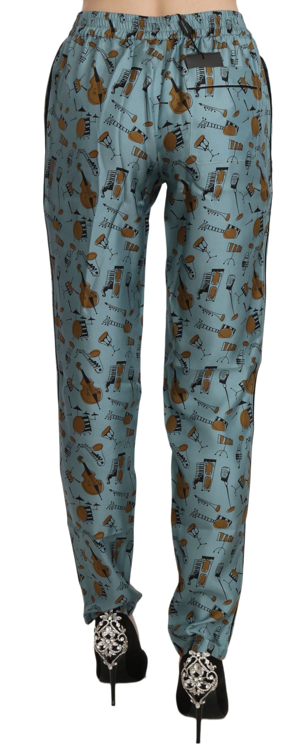 - High Waist Tapered Silk Pants in Blue Print