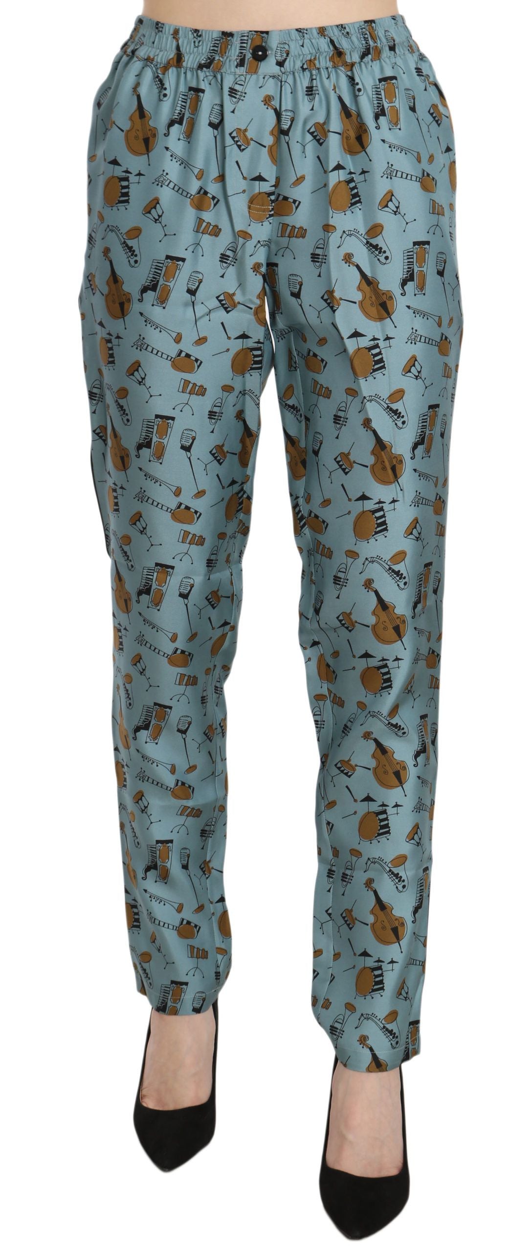 - High Waist Tapered Silk Pants in Blue Print