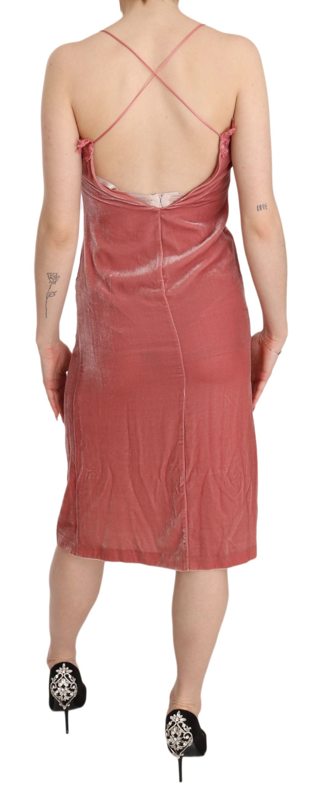 - Pink Lace Silk-Blend Midi Dress with Side Slit