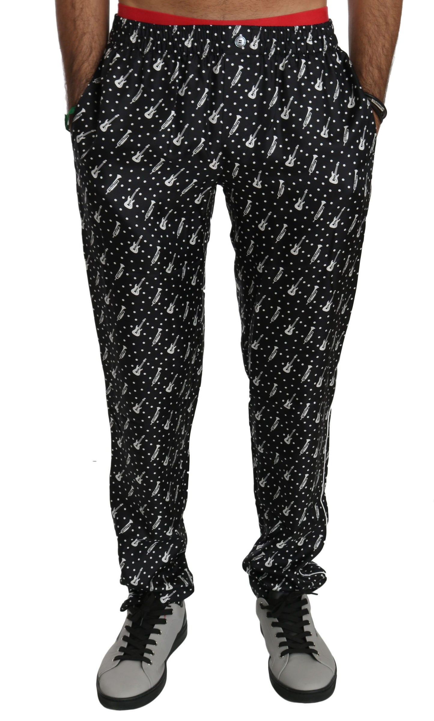 - Elegant Black Musical Instrument Print Silk Pants