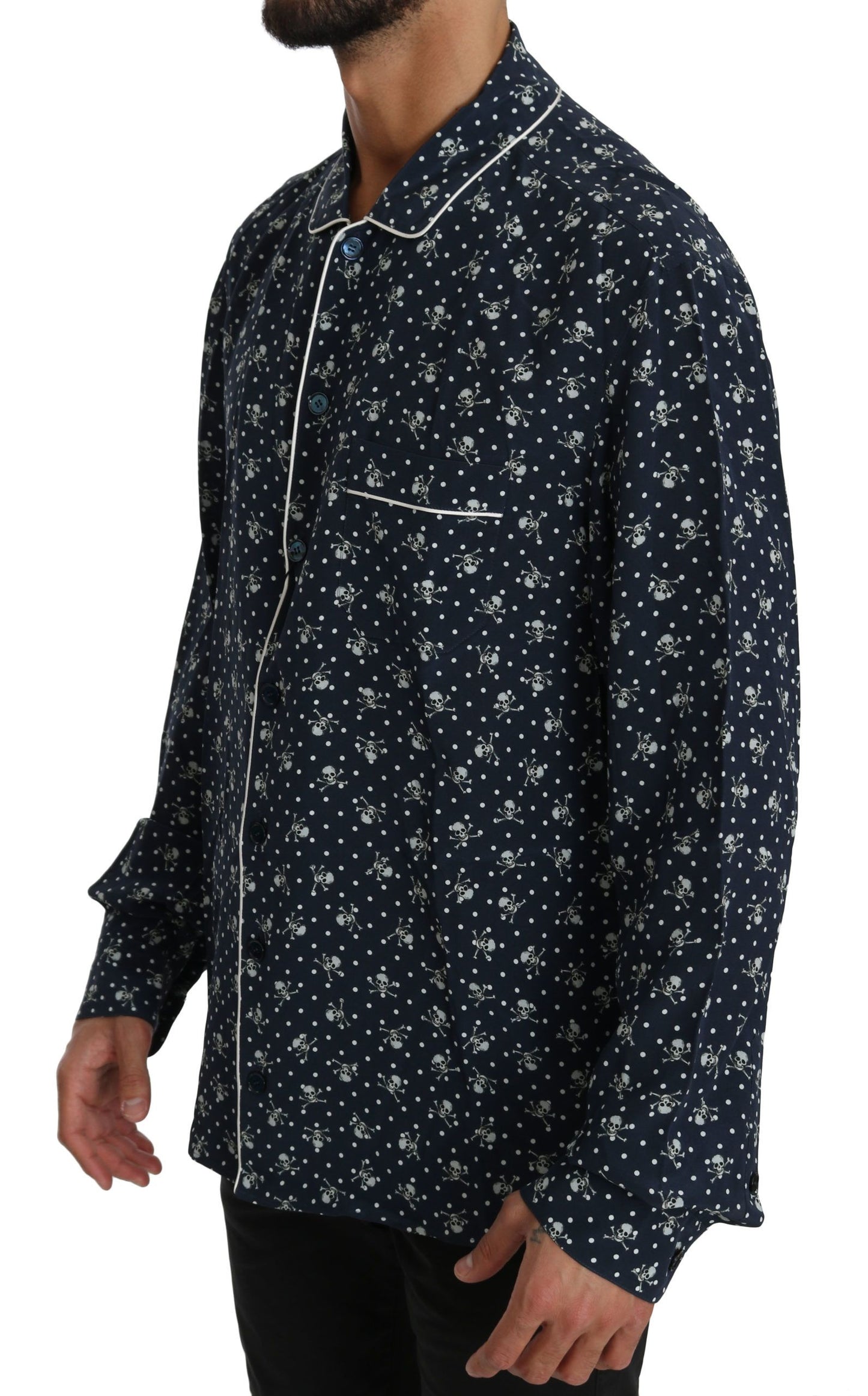 - Silken Elegance: Blue Skull Print Lounge Shirt