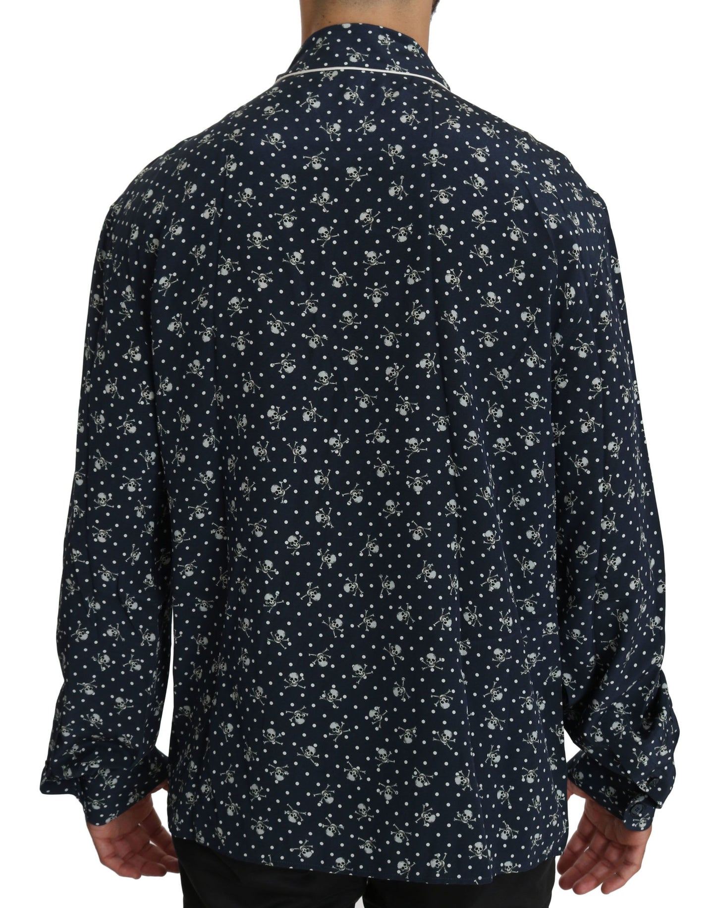 - Silken Elegance: Blue Skull Print Lounge Shirt