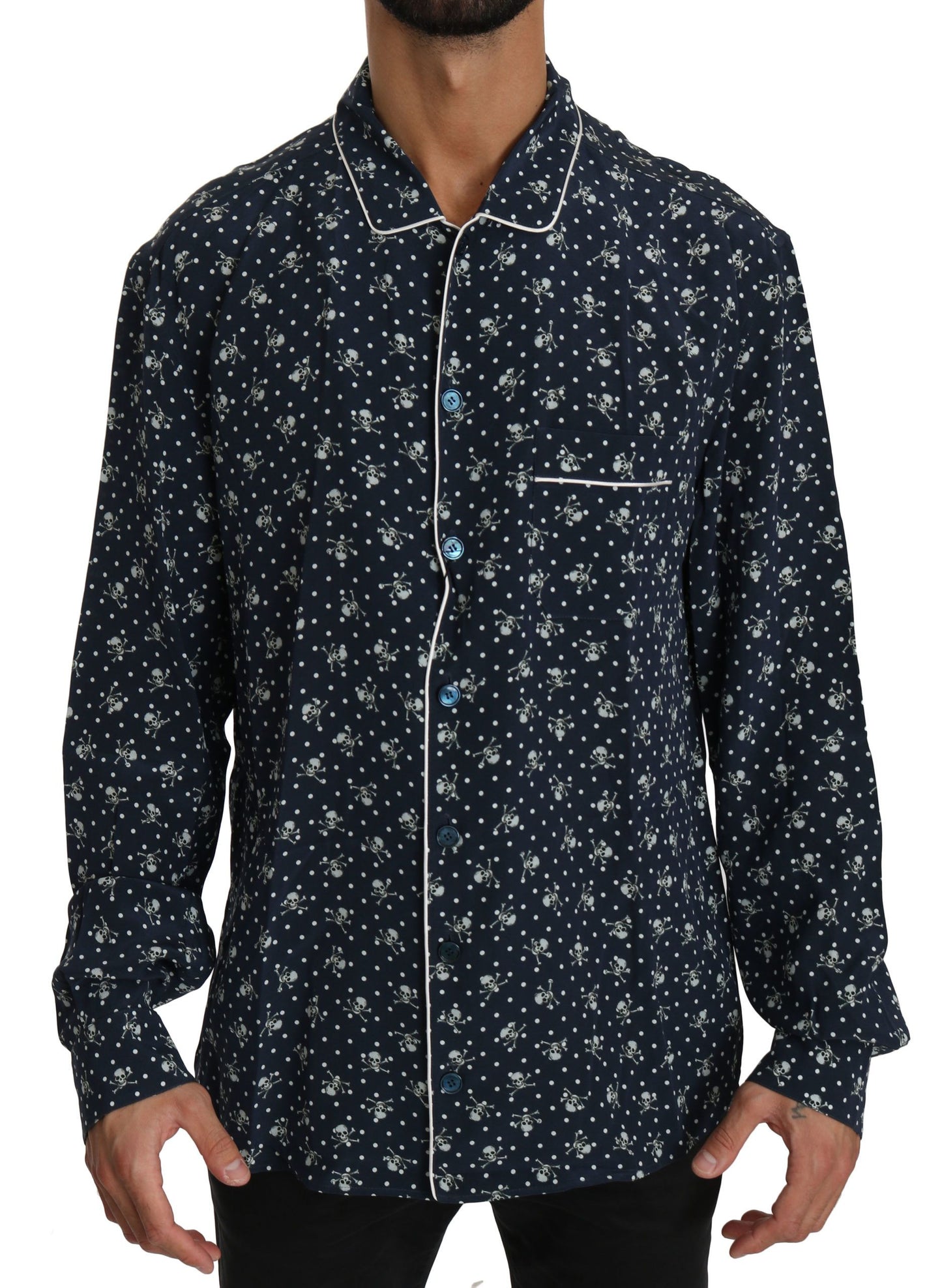 - Silken Elegance: Blue Skull Print Lounge Shirt