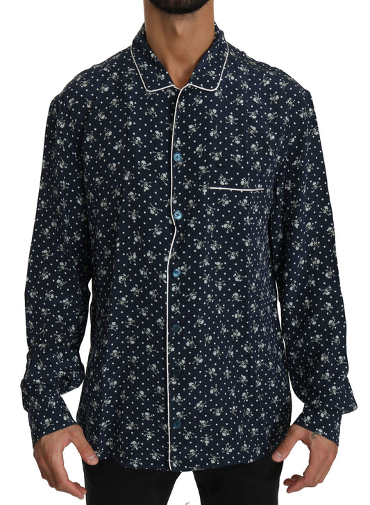 - Silken Elegance: Blue Skull Print Lounge Shirt