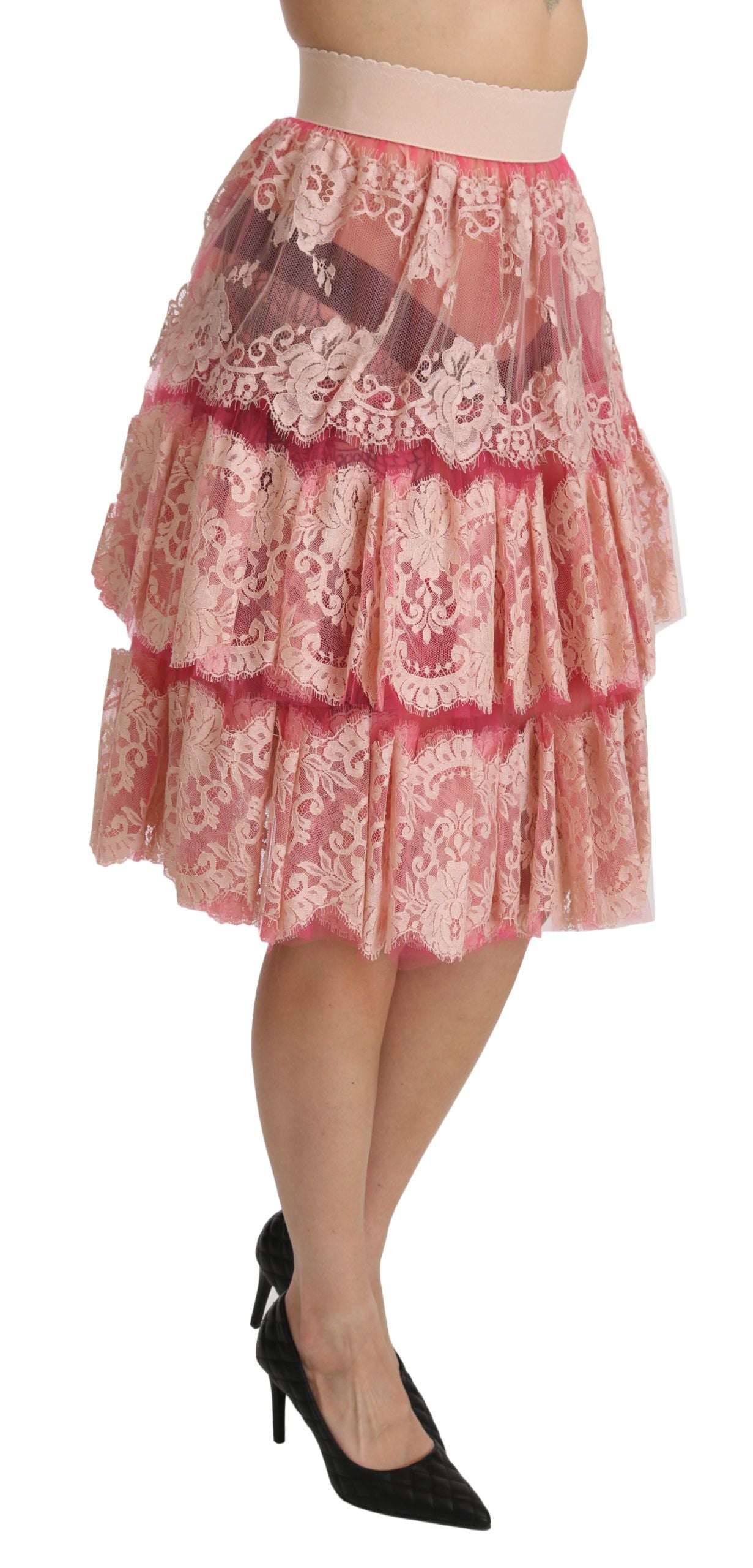 - Elegant Pink Lace High-Waist Skirt