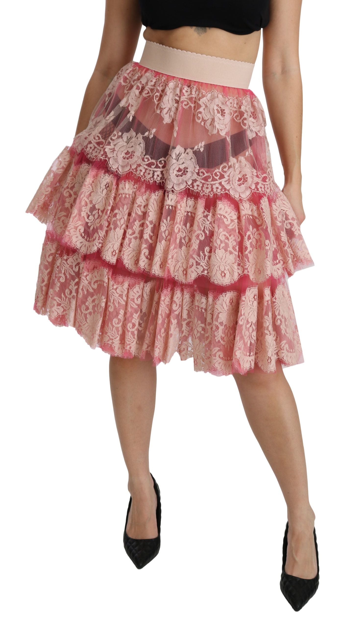- Elegant Pink Lace High-Waist Skirt