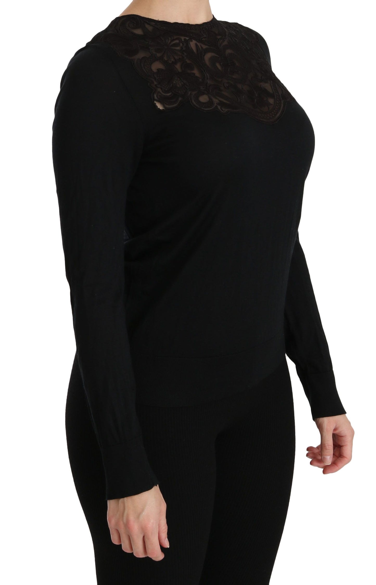 - Elegant Silk-Blend Black Lace Blouse