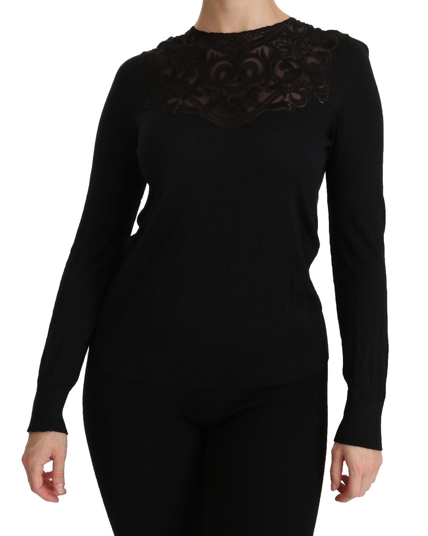 - Elegant Silk-Blend Black Lace Blouse