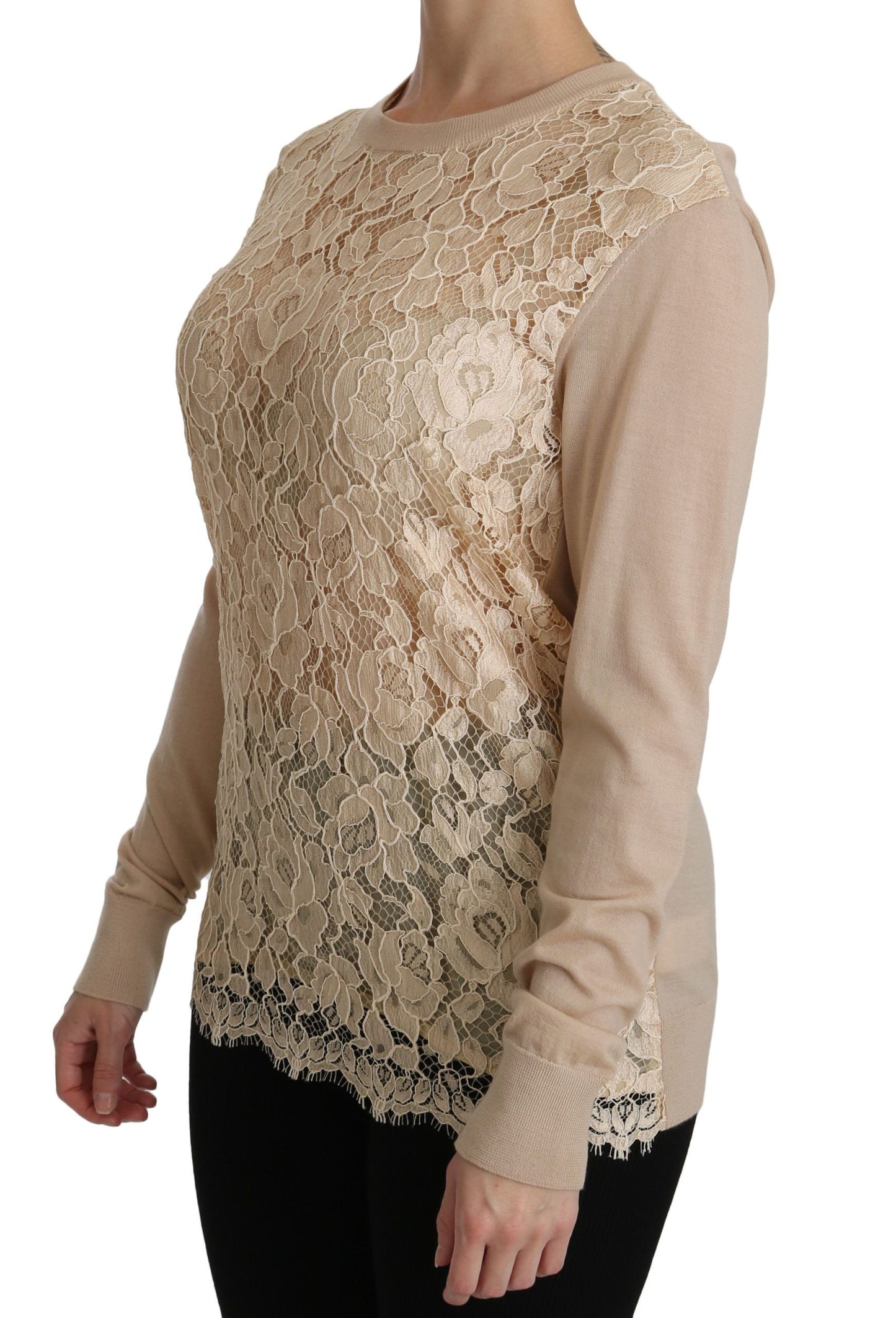 - Elegant Beige Lace Crew Neck Cashmere Blouse