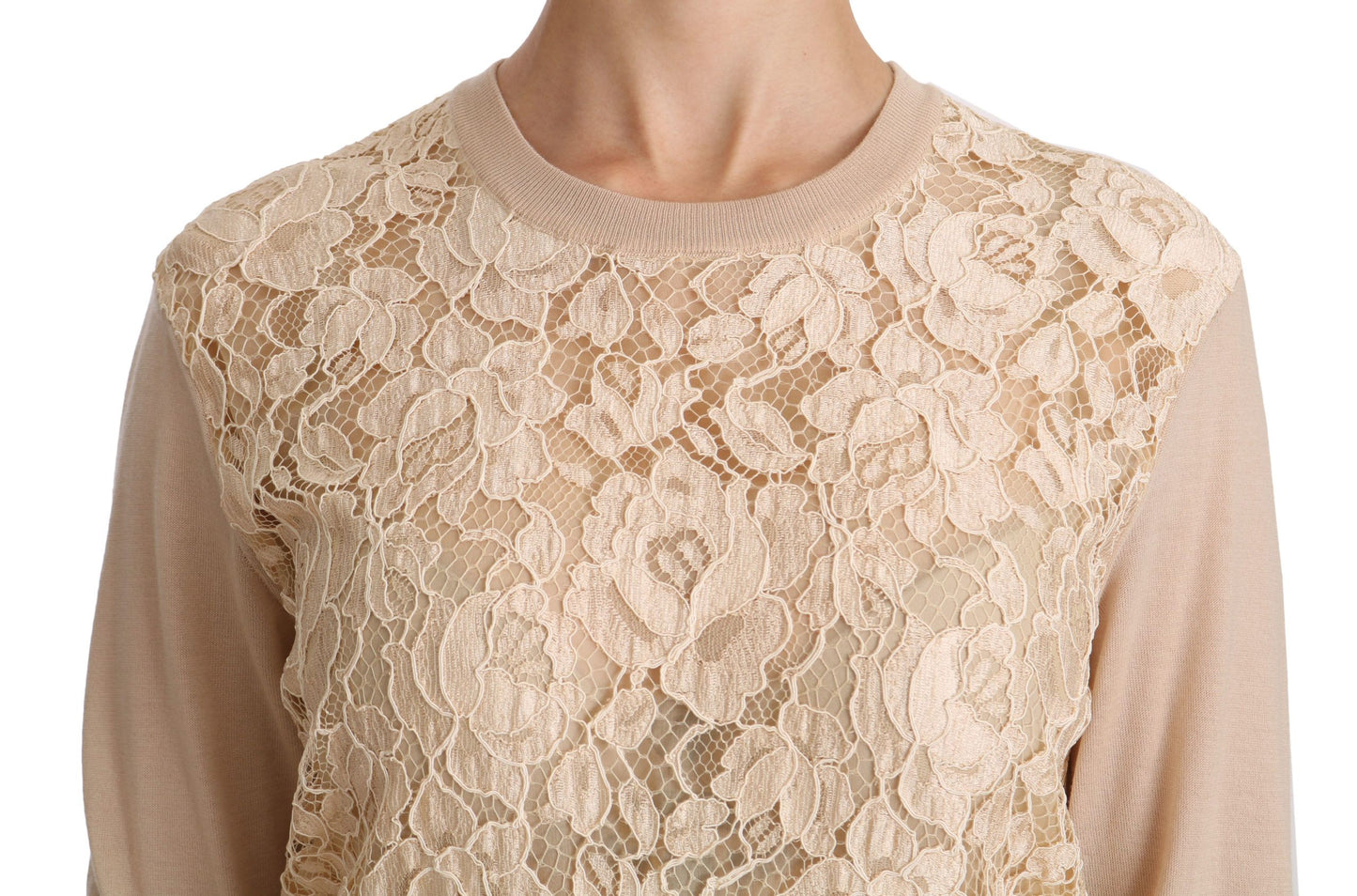 - Elegant Beige Lace Crew Neck Cashmere Blouse