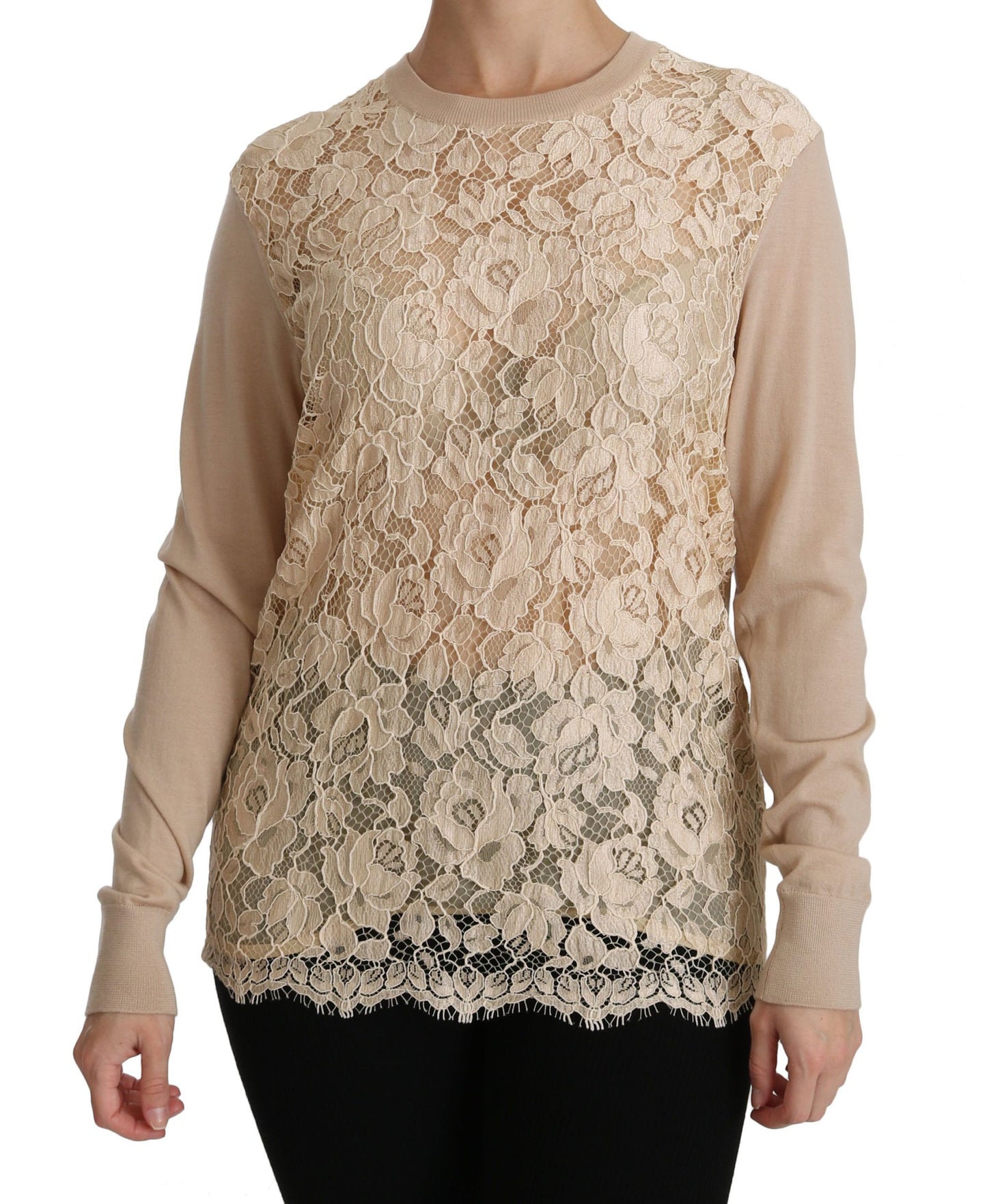 - Elegant Beige Lace Crew Neck Cashmere Blouse