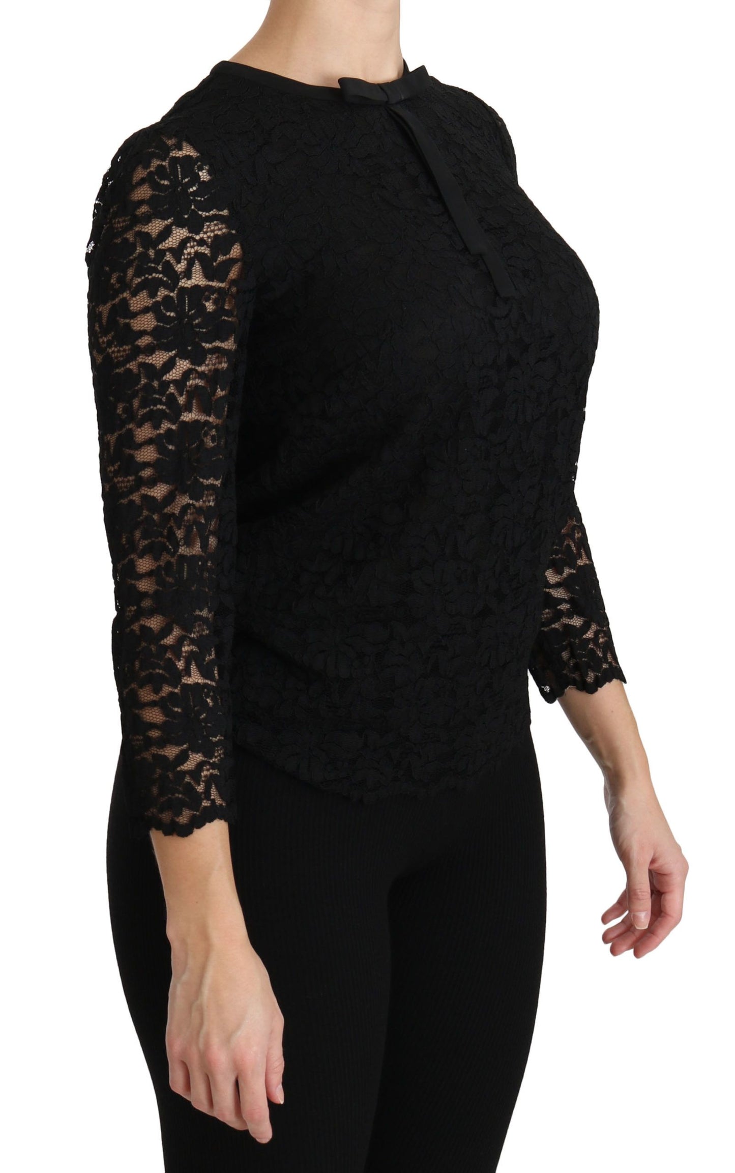 - Elegant Black Lace Crew Neck Blouse