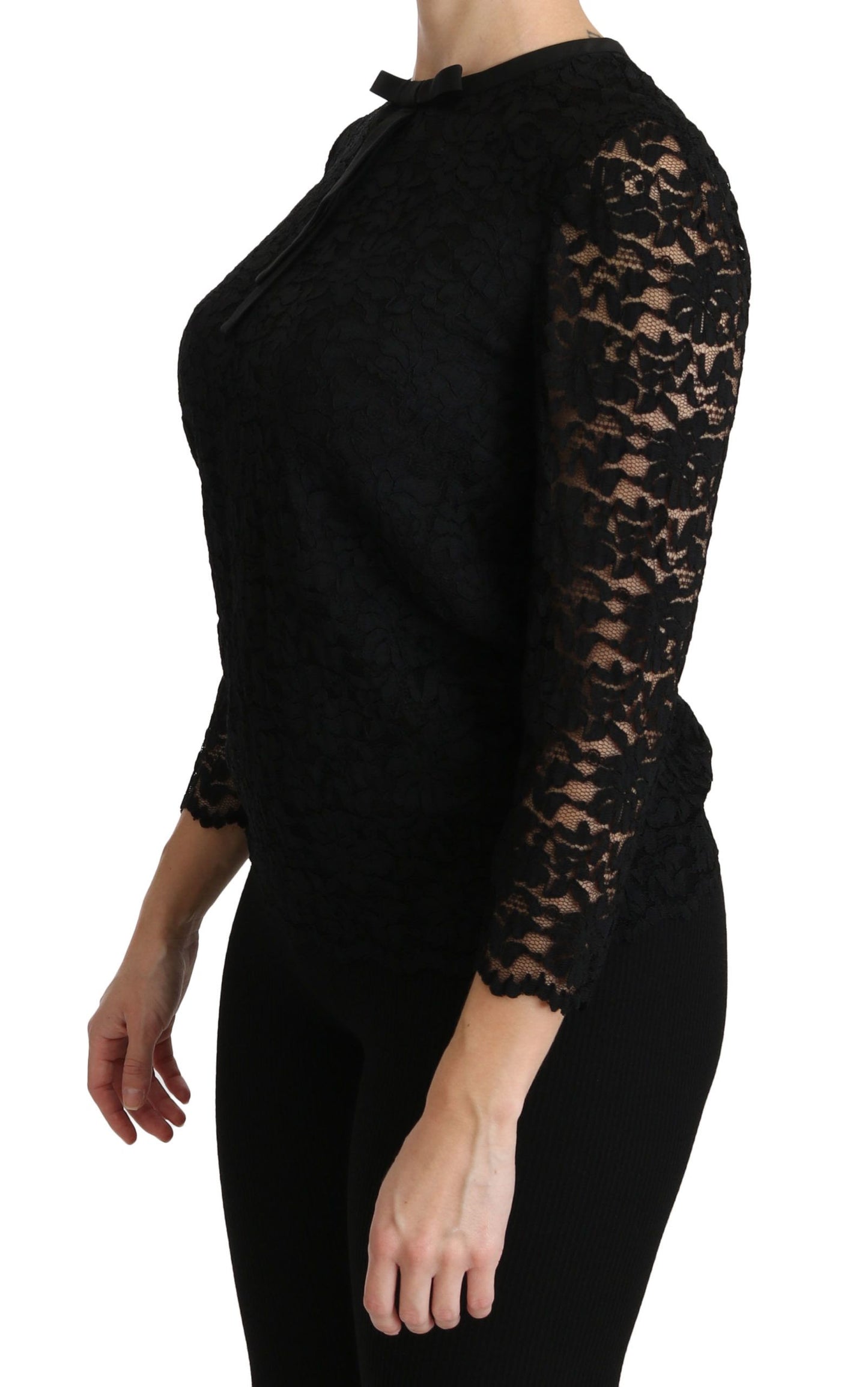 - Elegant Black Lace Crew Neck Blouse