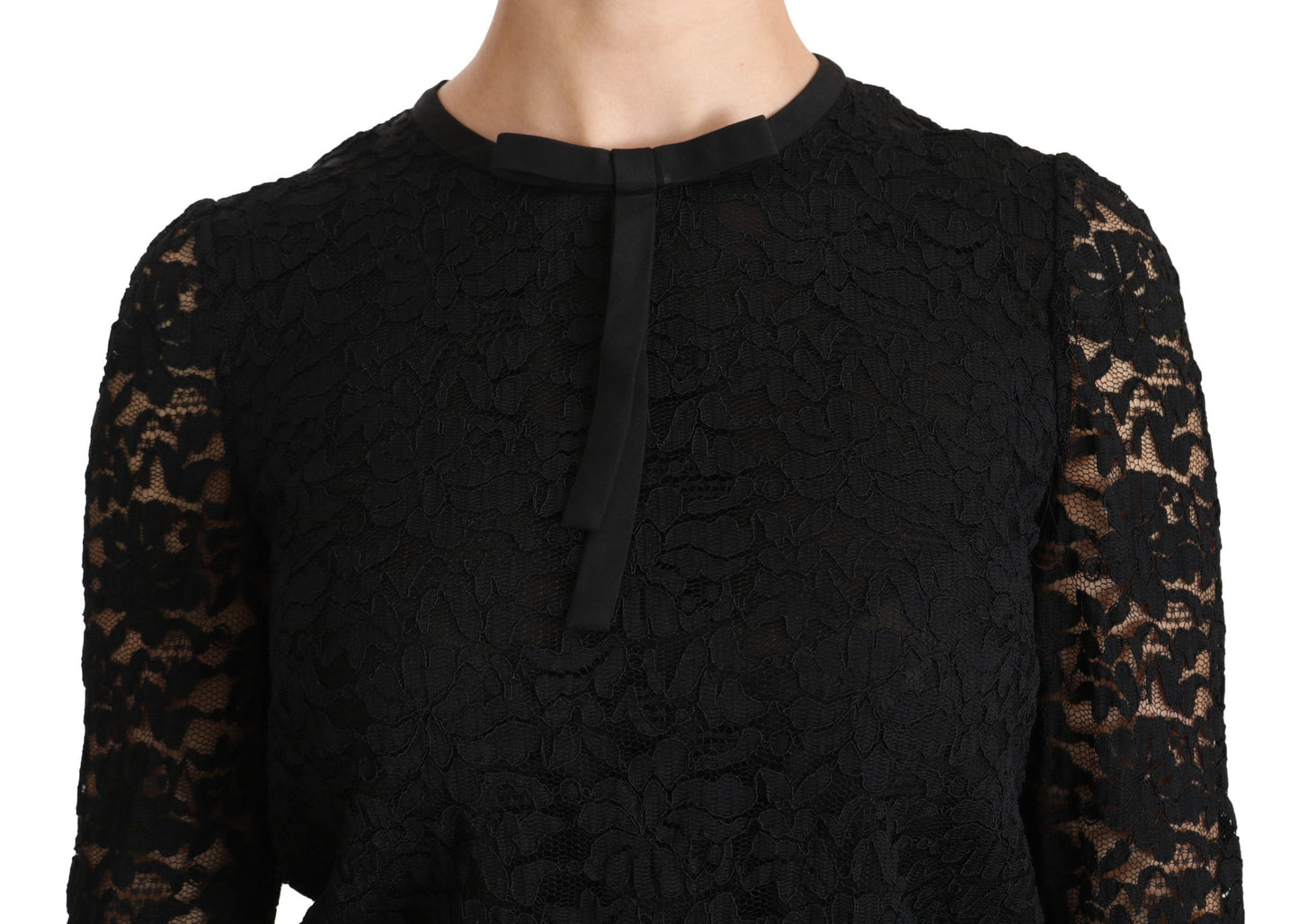- Elegant Black Lace Crew Neck Blouse
