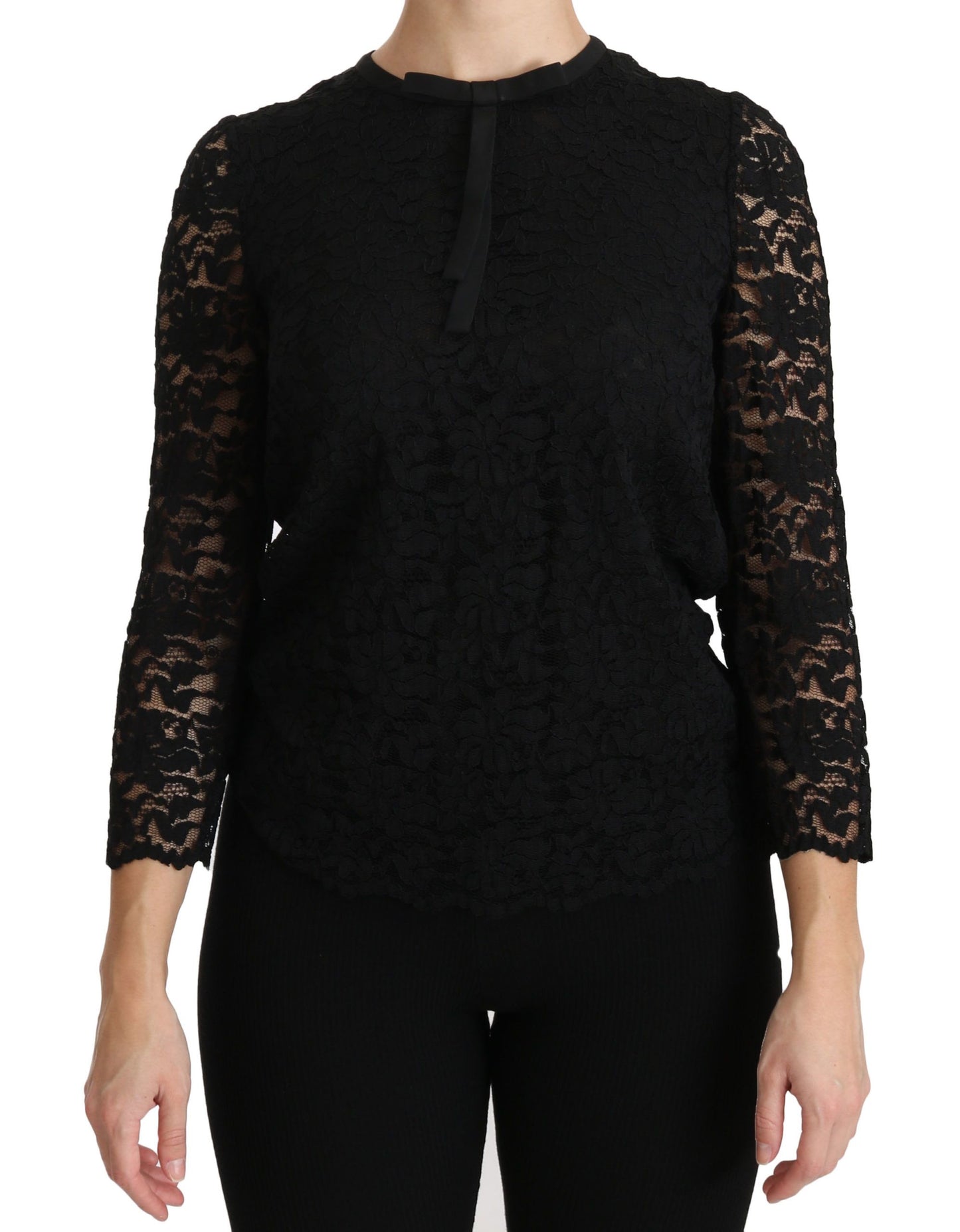 - Elegant Black Lace Crew Neck Blouse