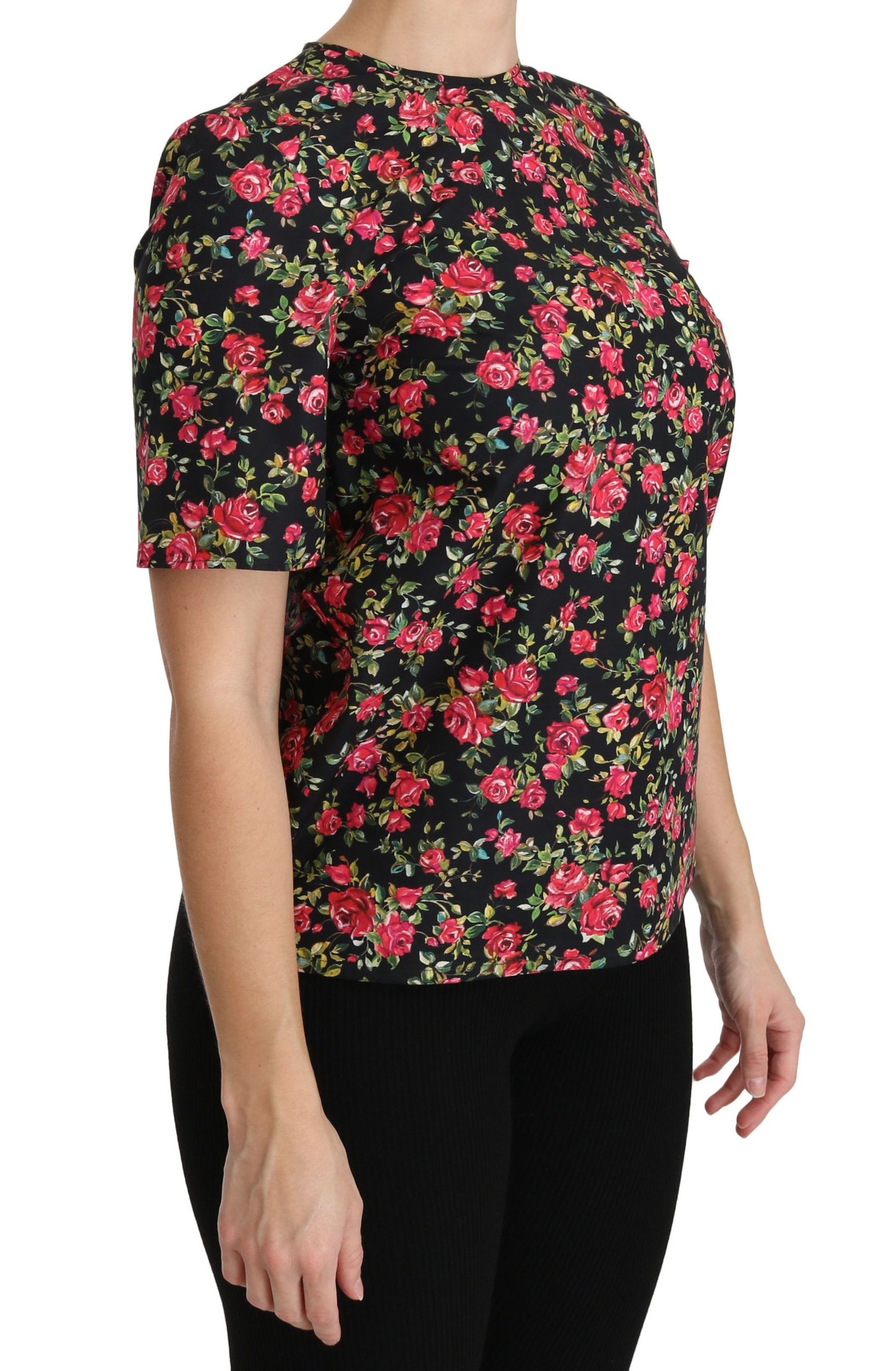 - Elegant Black Floral Crew Neck Top
