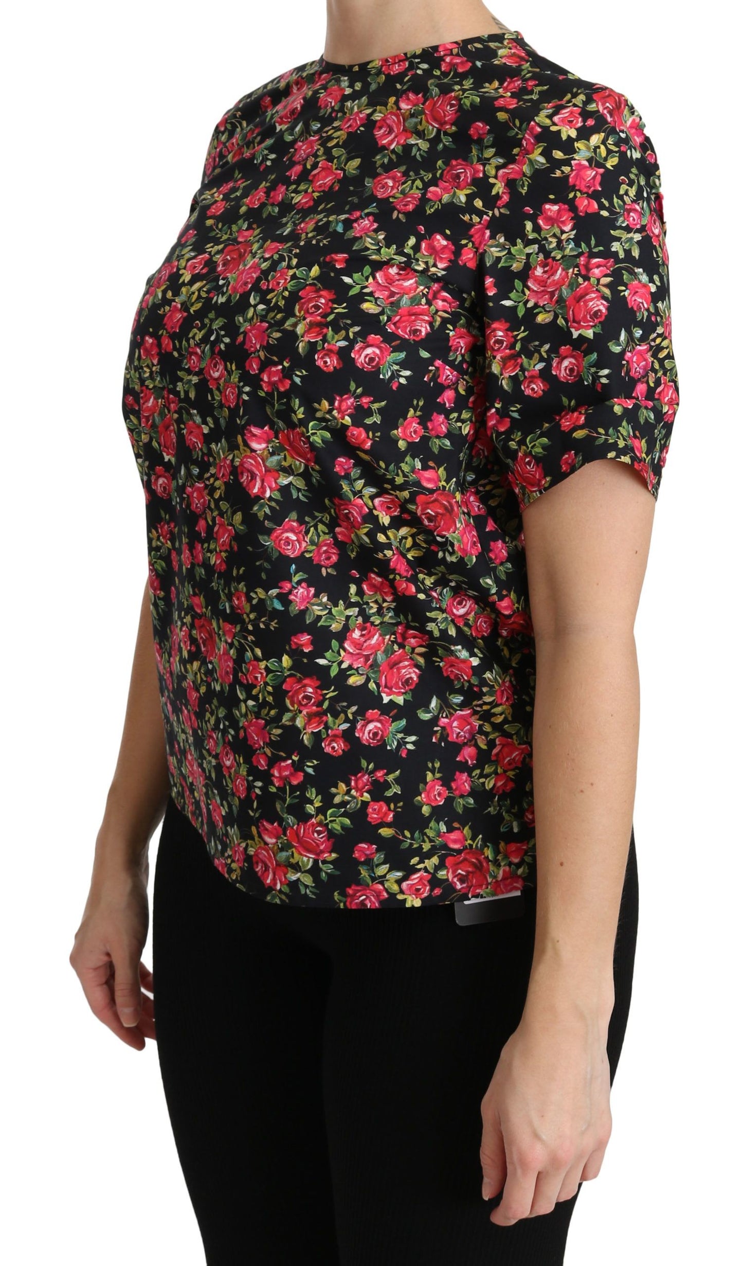 - Elegant Black Floral Crew Neck Top