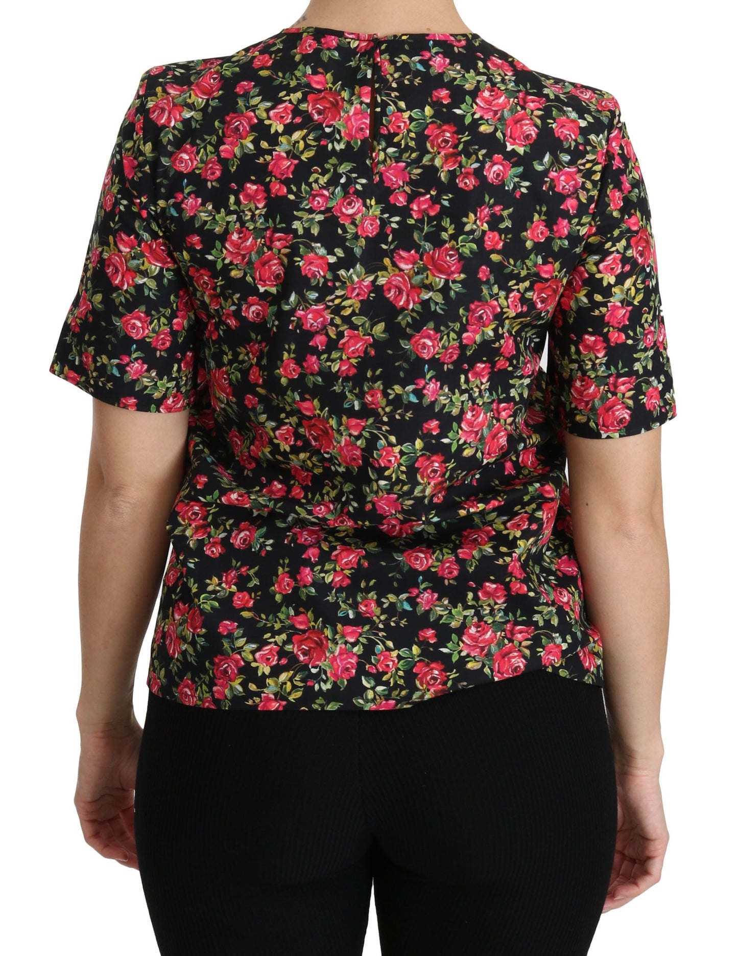 - Elegant Black Floral Crew Neck Top