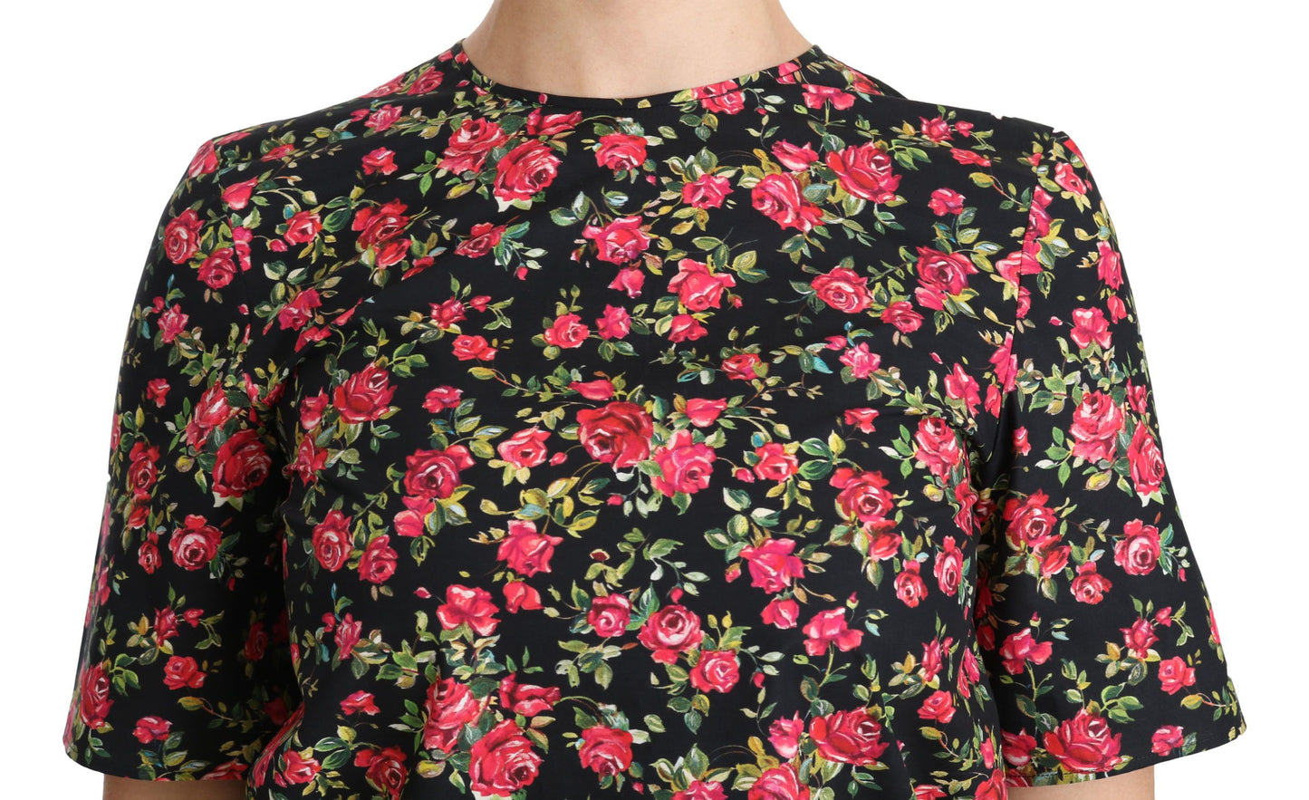 - Elegant Black Floral Crew Neck Top