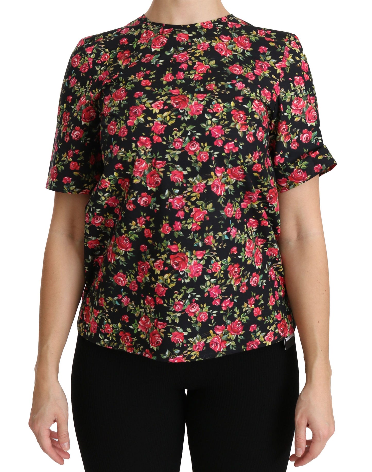 - Elegant Black Floral Crew Neck Top