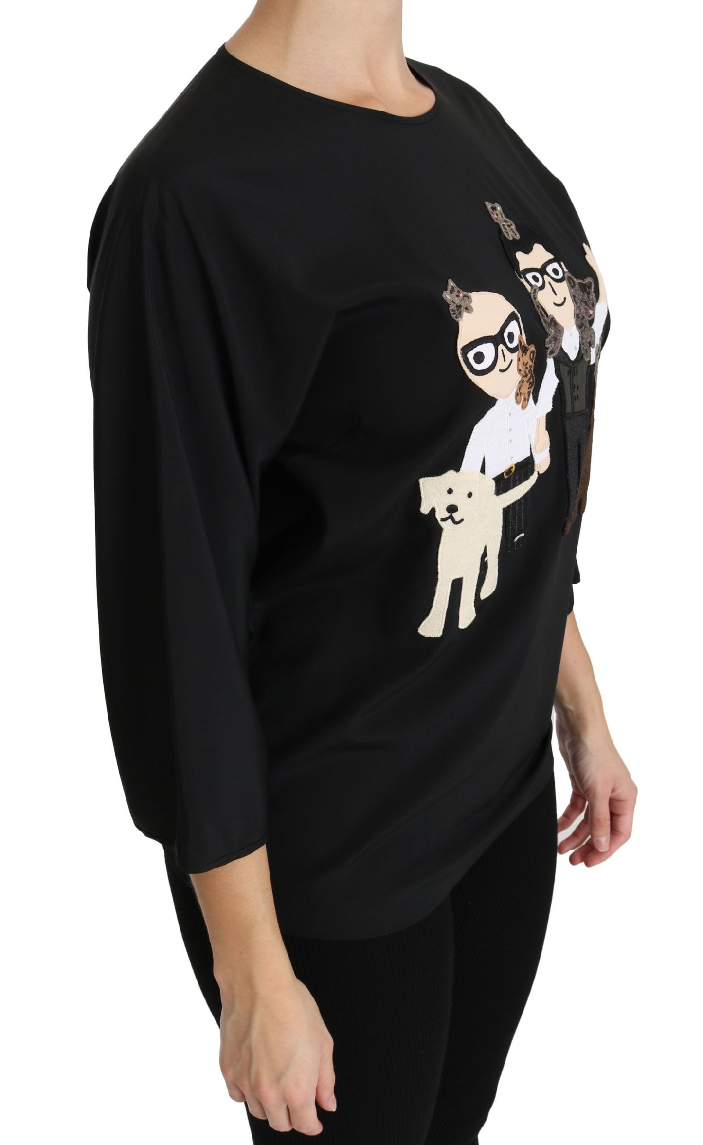 - Elegant Black Silk Stretch Embroidered Top