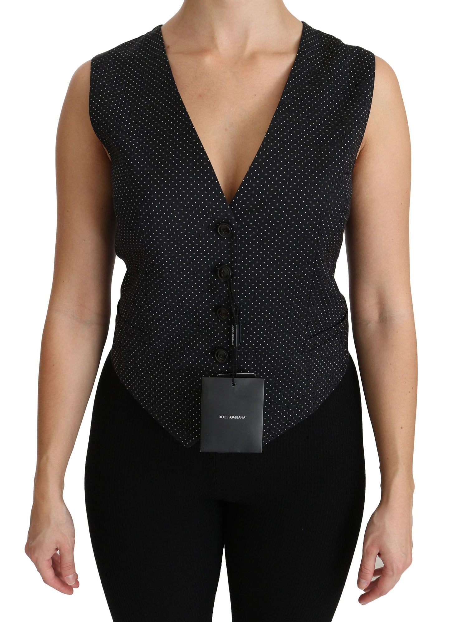 - Chic Black Dotted Wool Blend Sleeveless Vest