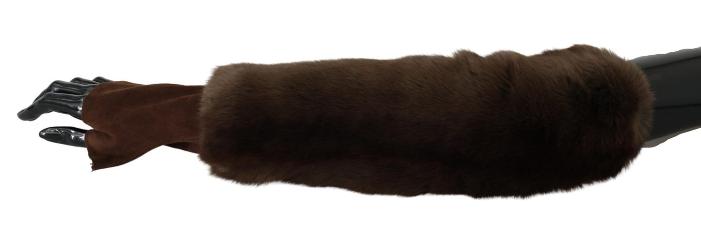 - Elegant Brown Fur & Leather Elbow-Length Gloves