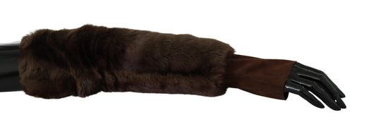 - Elegant Brown Fur & Leather Elbow-Length Gloves